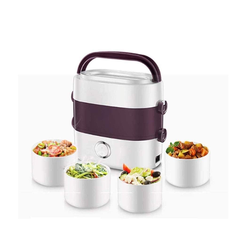 QIN Electric Lunch Box - Portable Food Warmer for Car, Truck & Office, 12V/110V Dual Voltage with White Porcelain Bowl & Purple Steamer Pot | Compact Rice Cooker & Multi-Functional Meal Heater for Commuters, Travel & Work Lunch