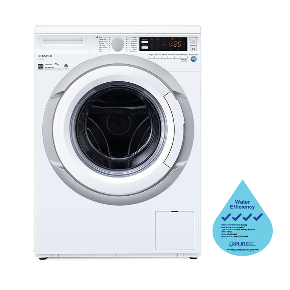 Hitachi BD W75AAE 7.5kg Front Load Washing Machine - Energy Efficient, Quiet Operation for Apartments & Small Homes