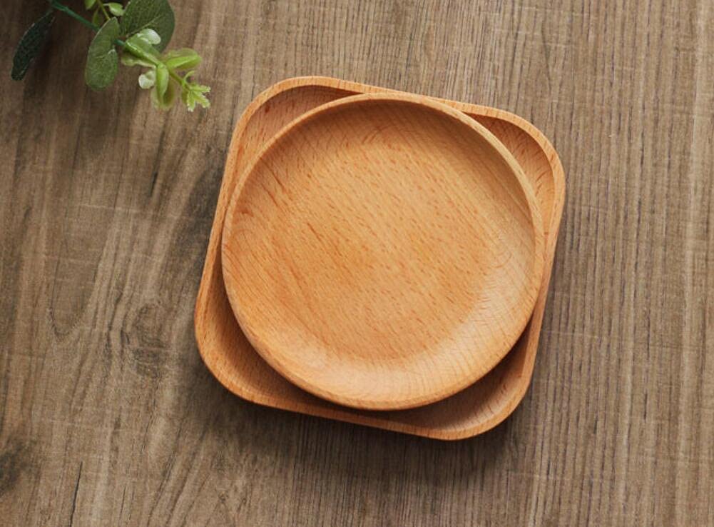 Wooden Dinner Plates 4-Pack - Round Salad Serving Dishes for Kitchen, Perfect for Breakfast Lunch & Dinner