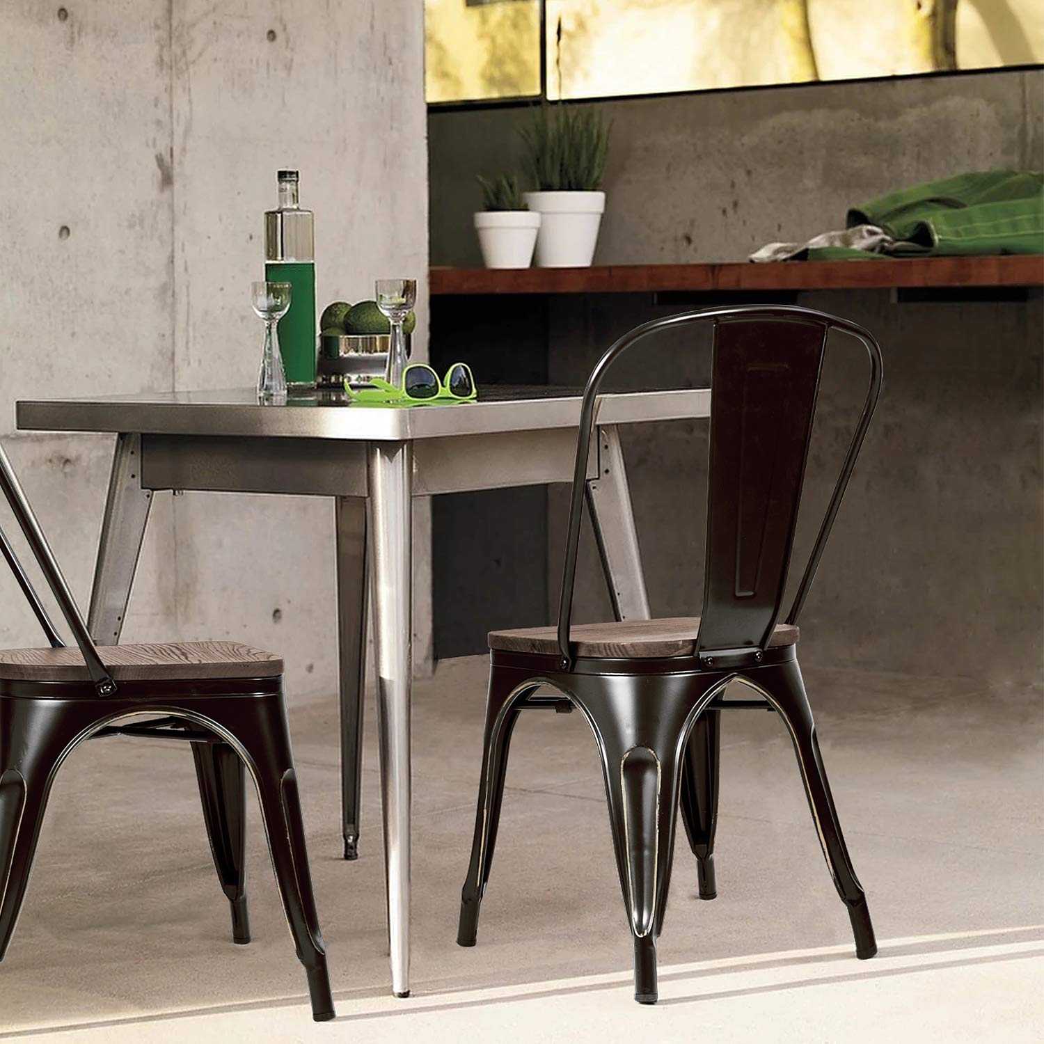 Furmax 4-Pack Black Gold Metal Dining Chairs with Wood Seat - Stackable Indoor Outdoor Bistro Cafe Side Chairs for Patio, Restaurant & Home Dining