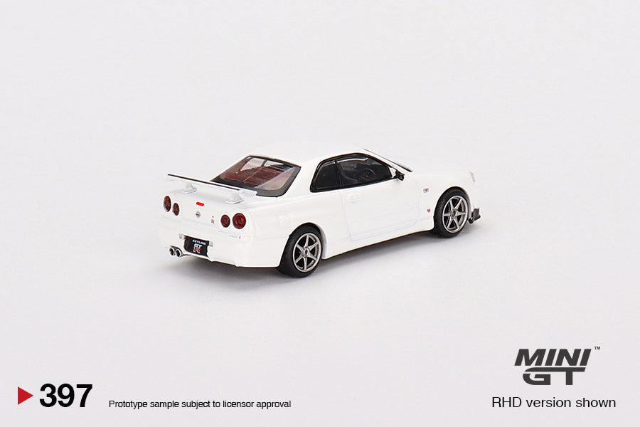 MINIGT 1:64 Scale Nissan Skyline GT-R R34 V-Spec N1 Diecast Model Car - White - Collectible Toy for Display, Racing Games & Car Enthusiasts