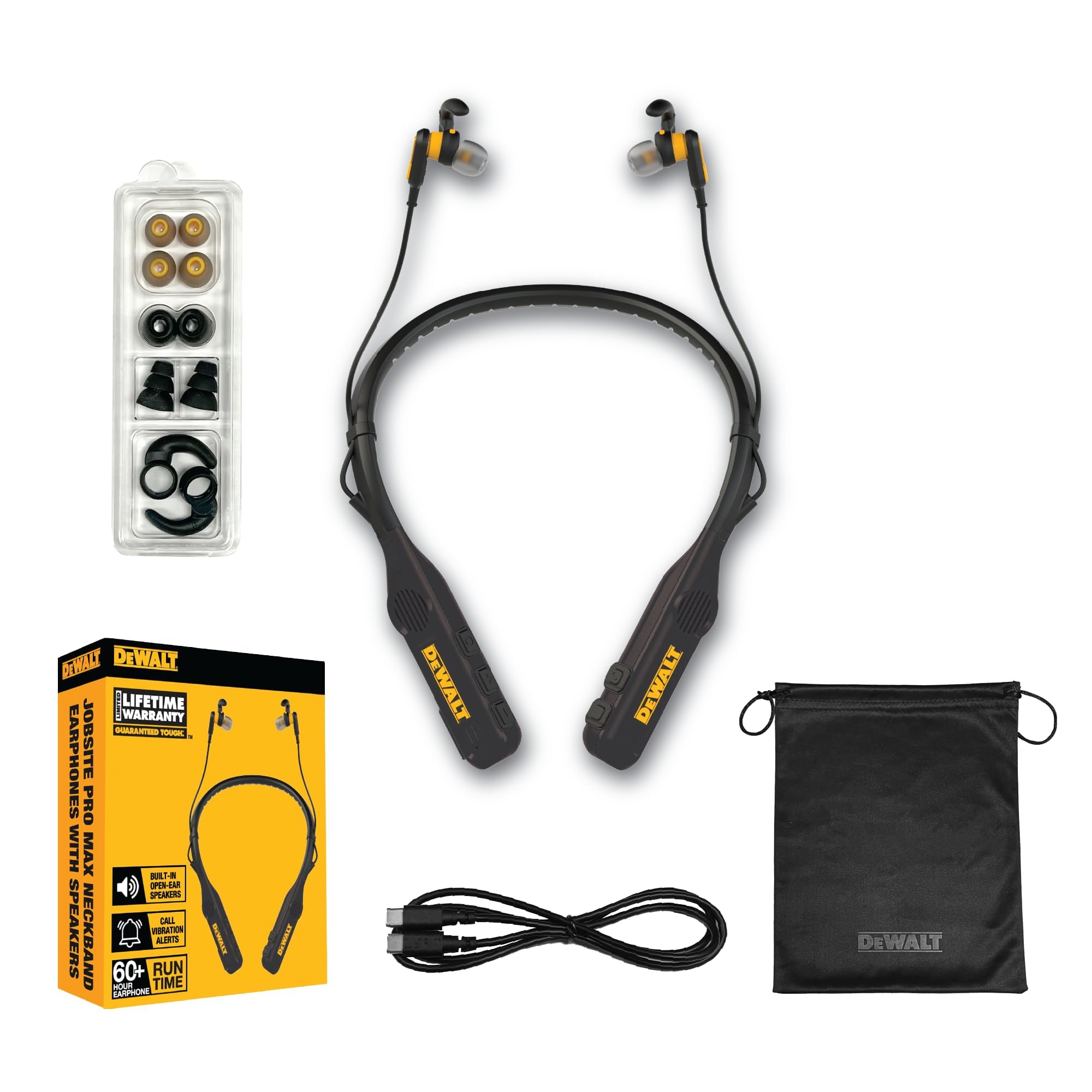 DEWALT 2-in-1 Wireless Bluetooth Headphones with Built-in Speakers, 60+ Hours Battery Life, Hands-Free Music & Calls, Jobsite Wearable Speaker & Neckband Headset, Ideal for Construction Sites and Outdoor Activities (Black)
