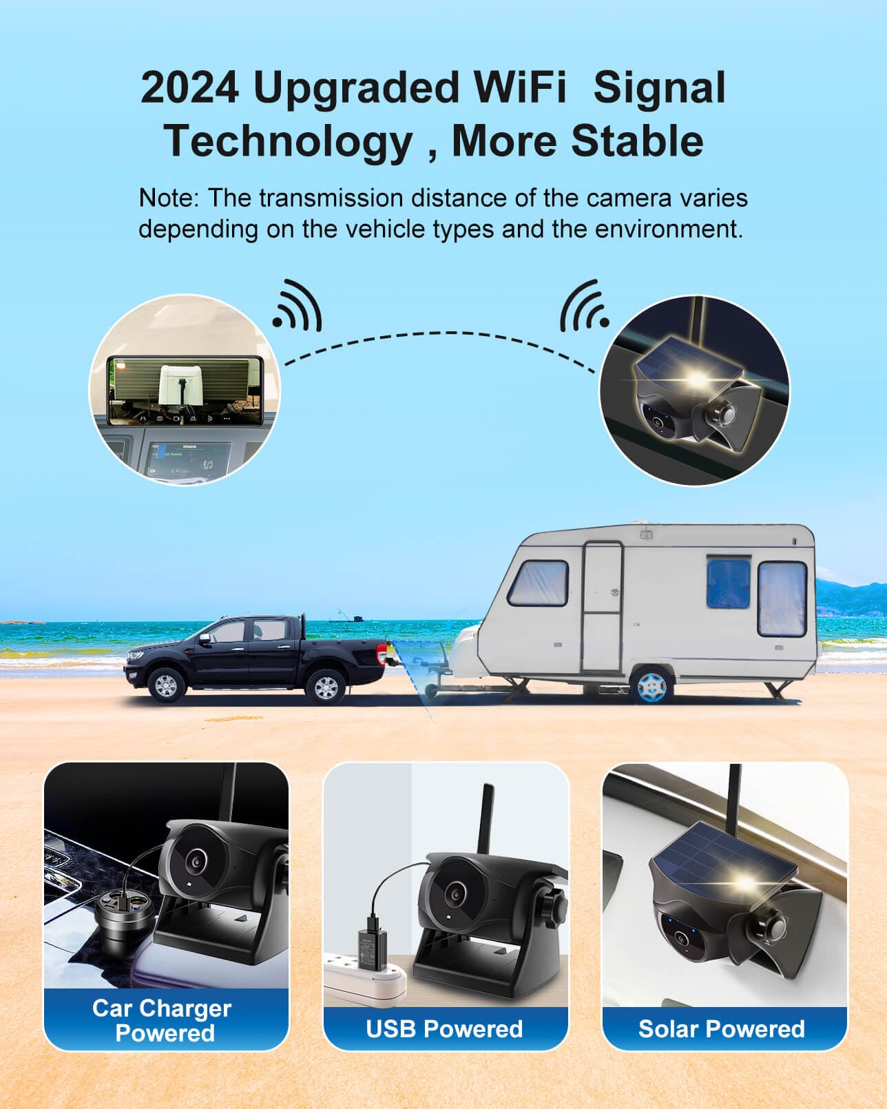 1080P Solar Wireless Backup Camera with Night Vision - Magnetic Hitch Rear/Front Camera, 365-Day Standby, Waterproof, Rechargeable Battery for RV, Truck, Trailer, Car - Compatible with Android & iOS Phones/Tablets - Perfect for Parking, Reversing & Towing Safety
