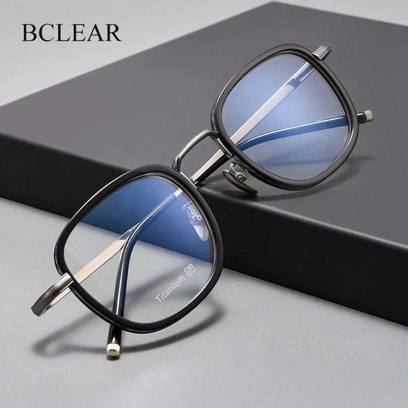 Bclear Unisex Full Rim Square Titanium Acetate Eyeglasses Frame 14522 - Lightweight & Durable Glasses for Men & Women - Perfect for Reading, Work & Everyday Use
