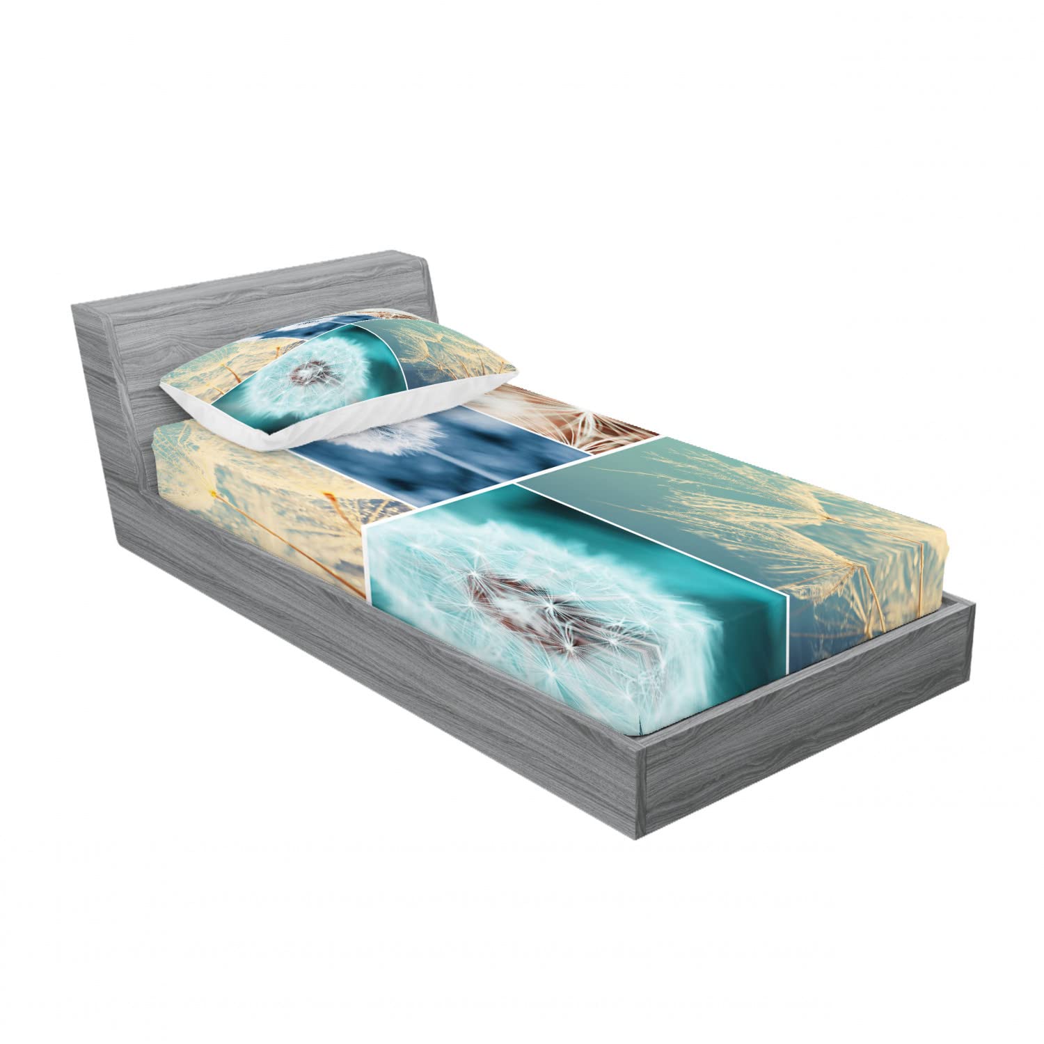 Ambesonne Floral 2-Pack Twin Fitted Sheet & Pillow Sham Set - Dandelion Nature Art Design, 4-Piece Bedding Decor in Blue | Soft & Breathable for Kids Room, Guest Bedroom, or Dorm Essentials