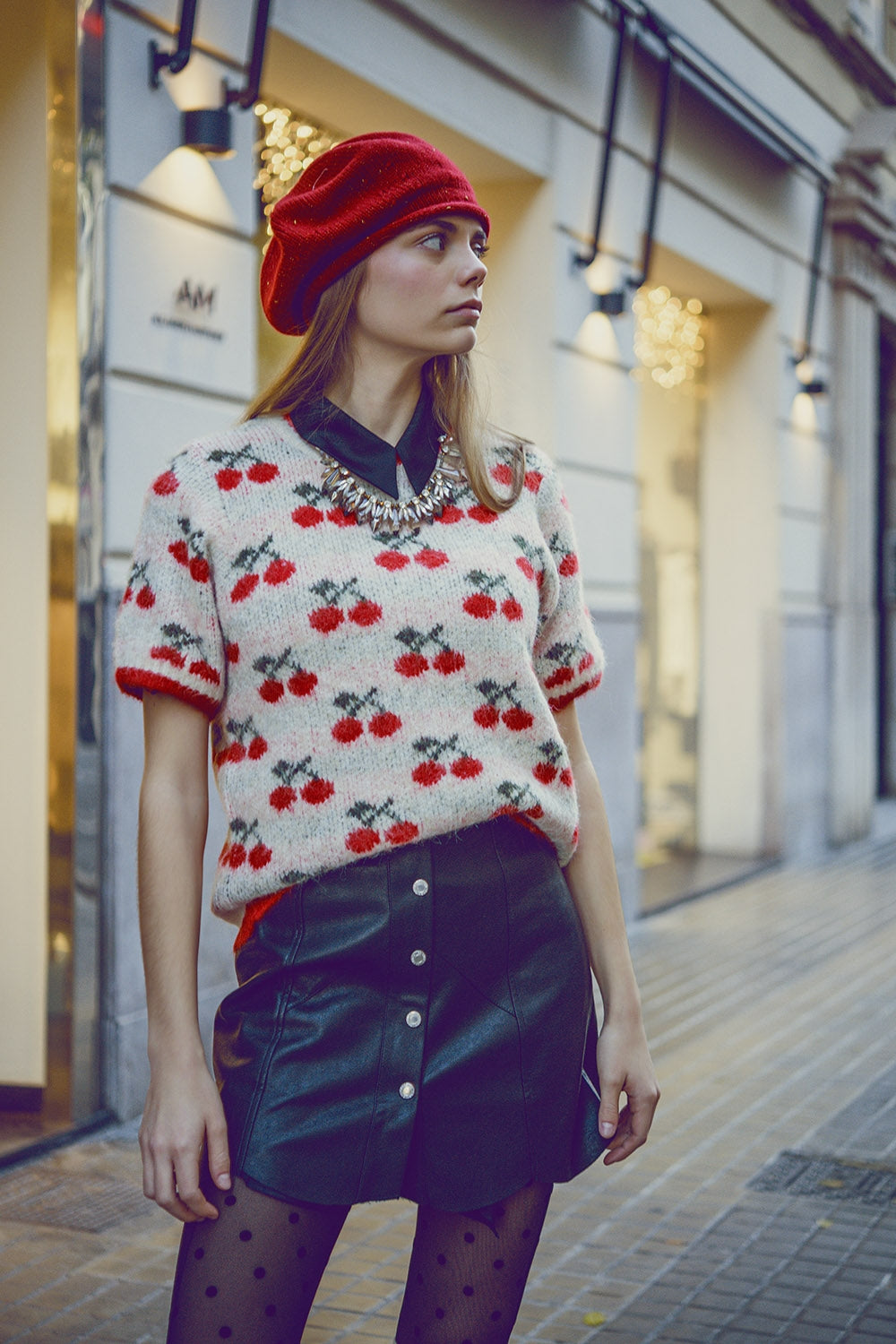 Women's Short Sleeve Pullover Sweater in Ecru with Cherry Print - Casual Spring Outfit & Cozy Fall Layering