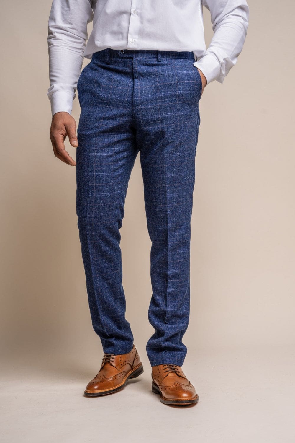 Kaiser Blue Tweed Check Trousers for Women - Classic Vintage High Waist Pants - Office Work, Casual Outfit & Fall Winter Fashion