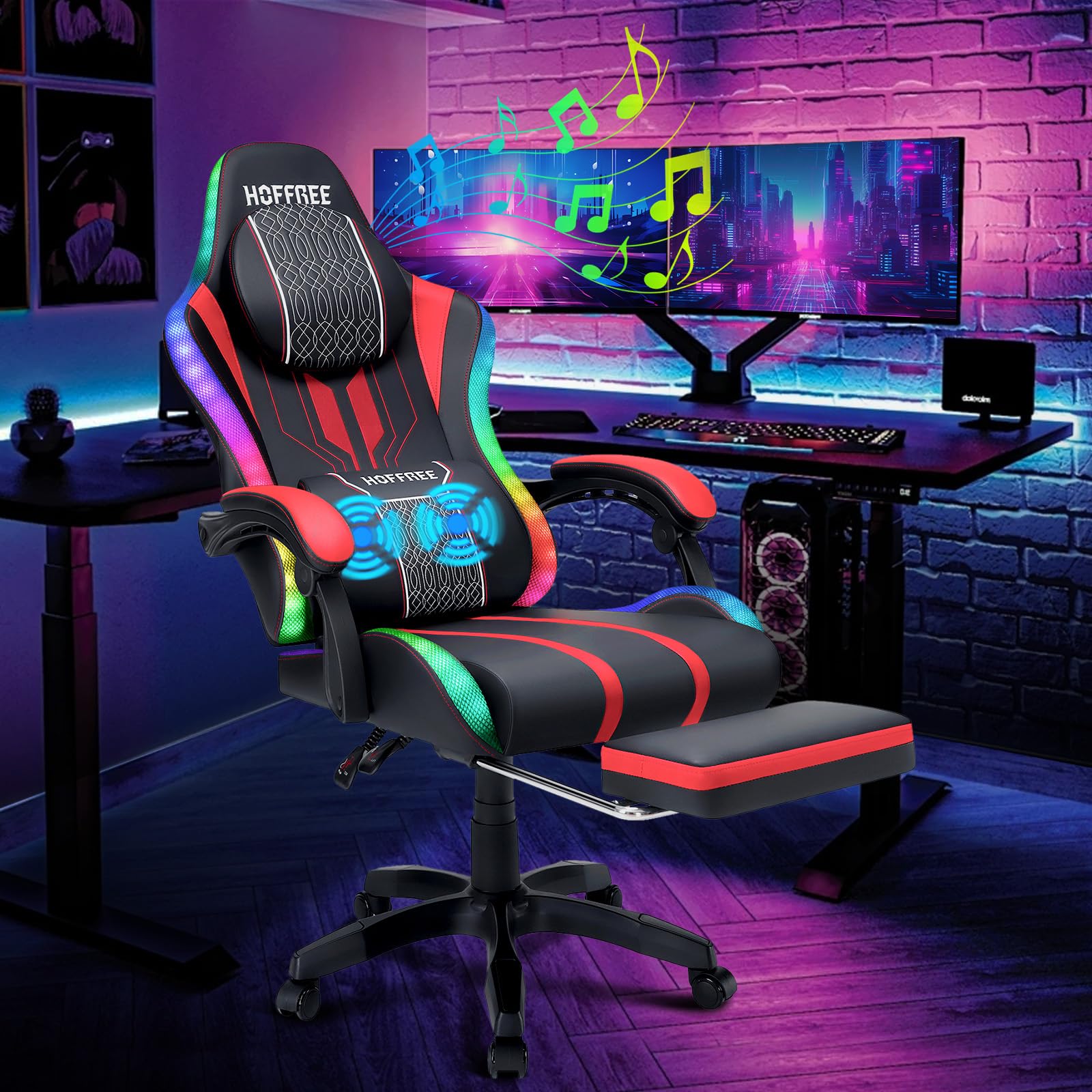 HOFFREE LED Gaming Chair with Massage & Bluetooth Speakers - Ergonomic Big and Tall PC Gaming Chair with Footrest for Adults up to 400lbs - Red and Black Computer Desk Chair for Esports, Streaming & Office Work