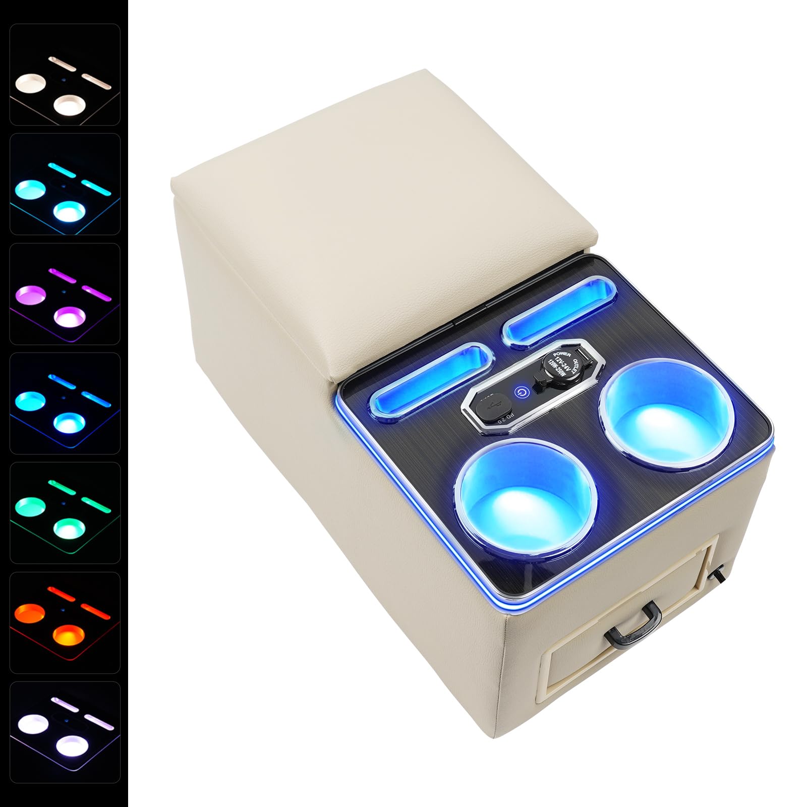 Universal Bench Seat Center Console Organizer with Fast Phone Charging & 7-Color Adjustable LED Lights - Car Storage Upgrade for Trucks, SUVs & Vans (Beige) - Perfect for Road Trips & Daily Commute