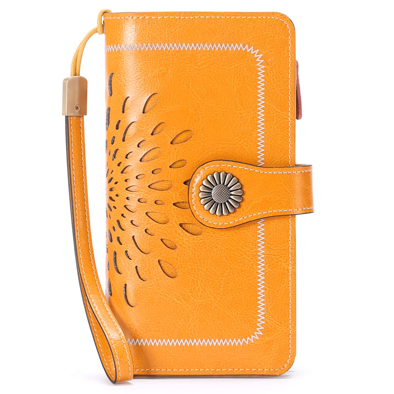 RFID Blocking Genuine Leather Women's Wallet - Large Capacity Trifold Purse with ID Window & Wristlet Strap | Credit Card Holder for Everyday Use, Travel & Shopping (Classic Yellow)