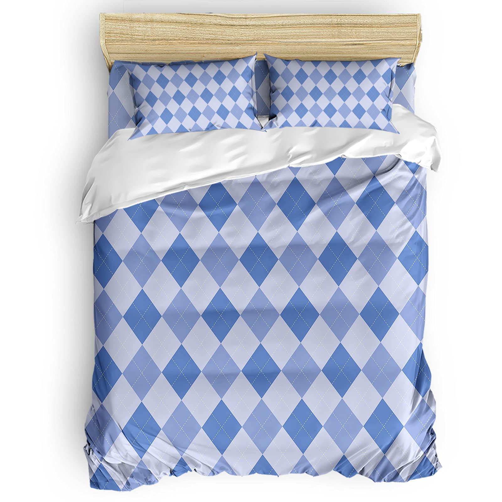 Premium Queen/King Size All-Season Duvet Cover Set - 3 Piece Classic Blue Gradient Grid Bedding with Zipper Closure | Soft & Breathable for Year-Round Comfort | Perfect for Master Bedroom, Guest Room & Vacation Homes