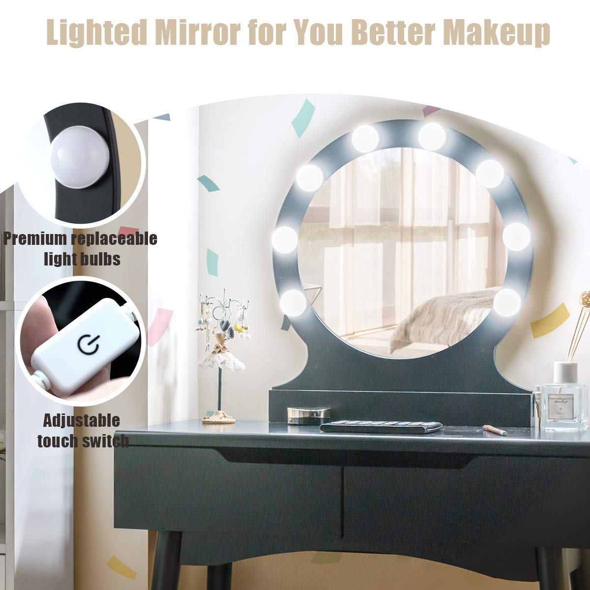 Giantex Vanity Table Set with 8 LED Lights & Touch Control, Princess Style Dressing Table with Large Round Mirror, 2 Sliding Drawers & Cushioned Stool - Perfect for Bedroom, Bathroom & Makeup Room (Black)
