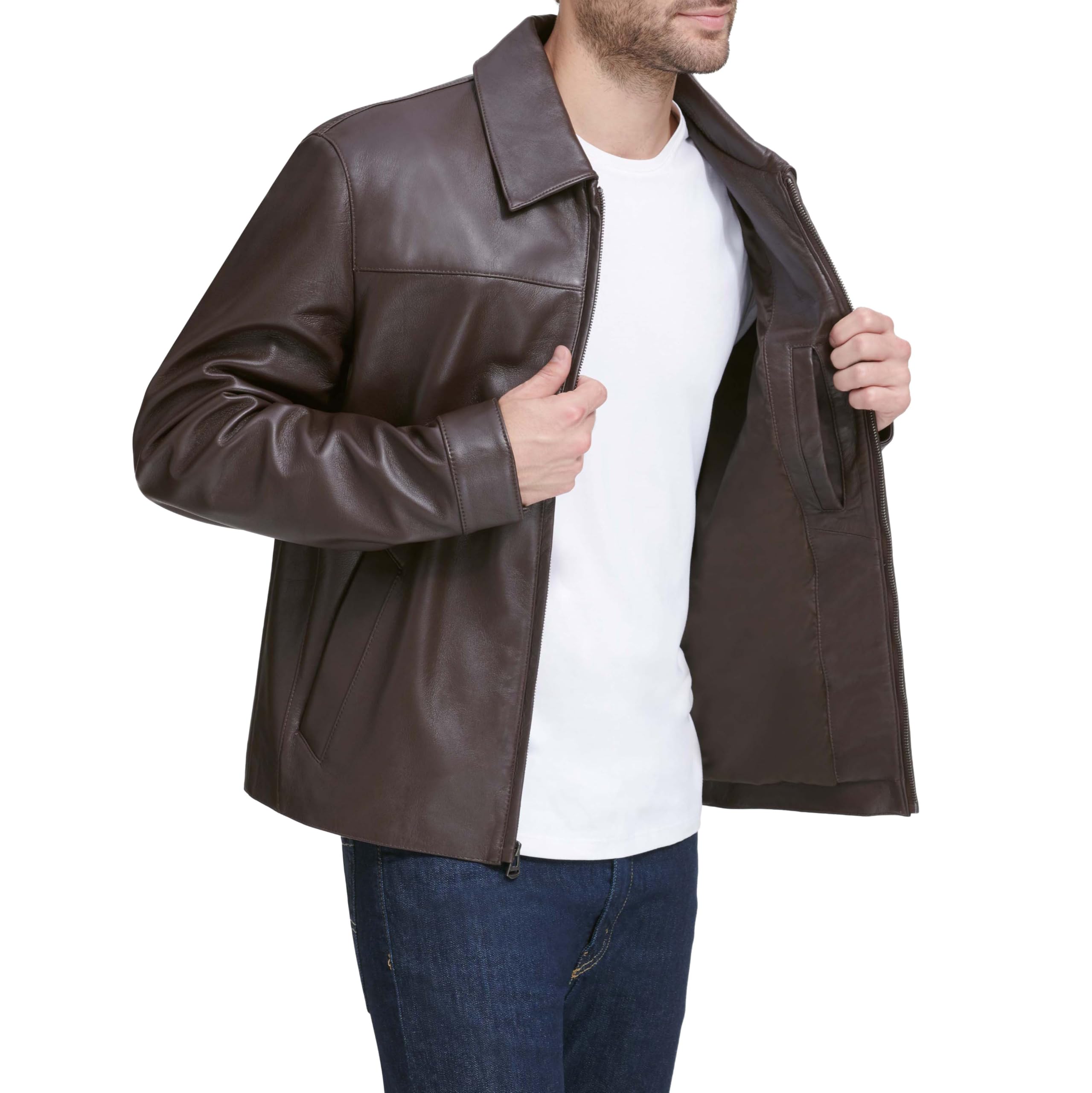 Cole Haan Signature Men's Smooth Lamb Leather Jacket - Dark Brown, Size Small | Premium Shirt Collar Design for Business Casual & Night Out | Perfect for Office Wear, Date Night & Fall Fashion