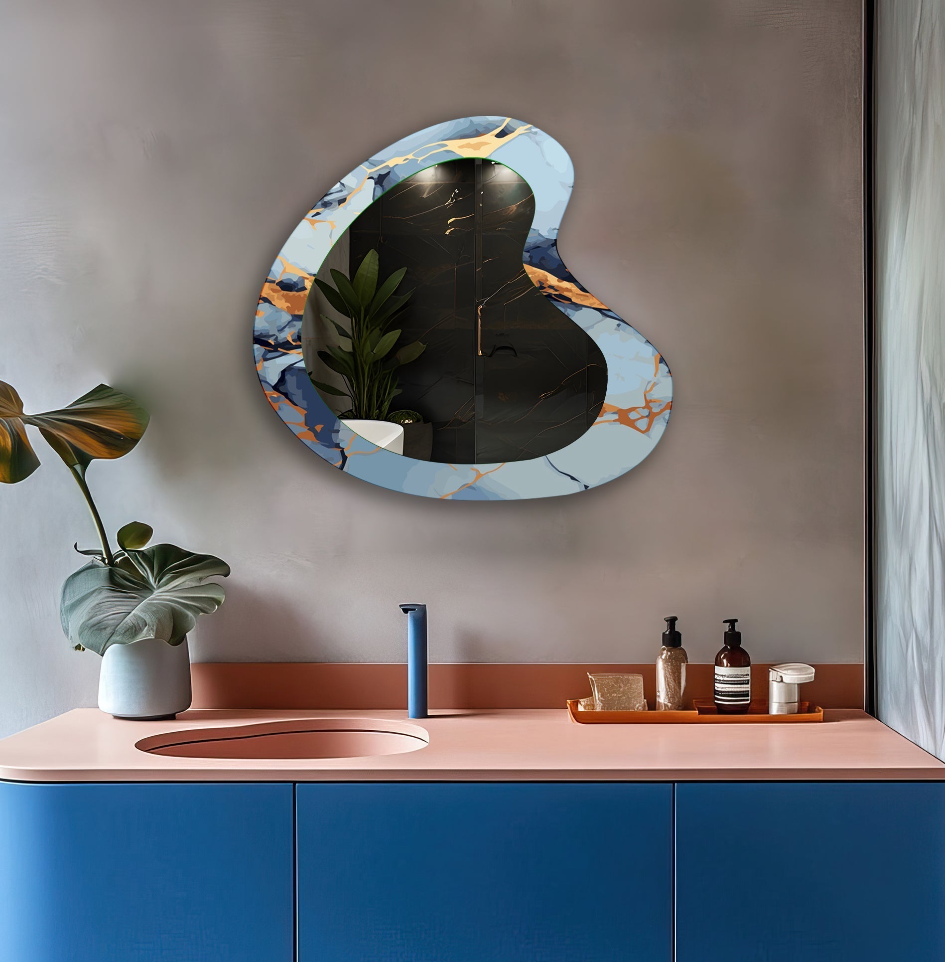 Blue Marble Irregular Decorative Wall Mirror - Modern Abstract Bathroom & Living Room Accent Piece for Home Decor