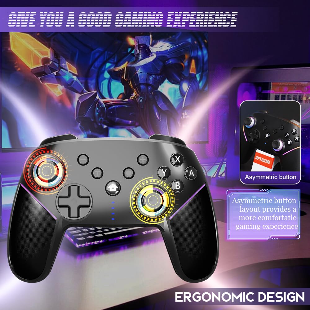 APTGAME Wireless Pro Controller for Nintendo Switch/Switch Lite/Switch OLED - Dual Vibration, RGB Lights, Wake-up Function & Adjustable Turbo - Perfect for Gaming at Home or On-the-Go