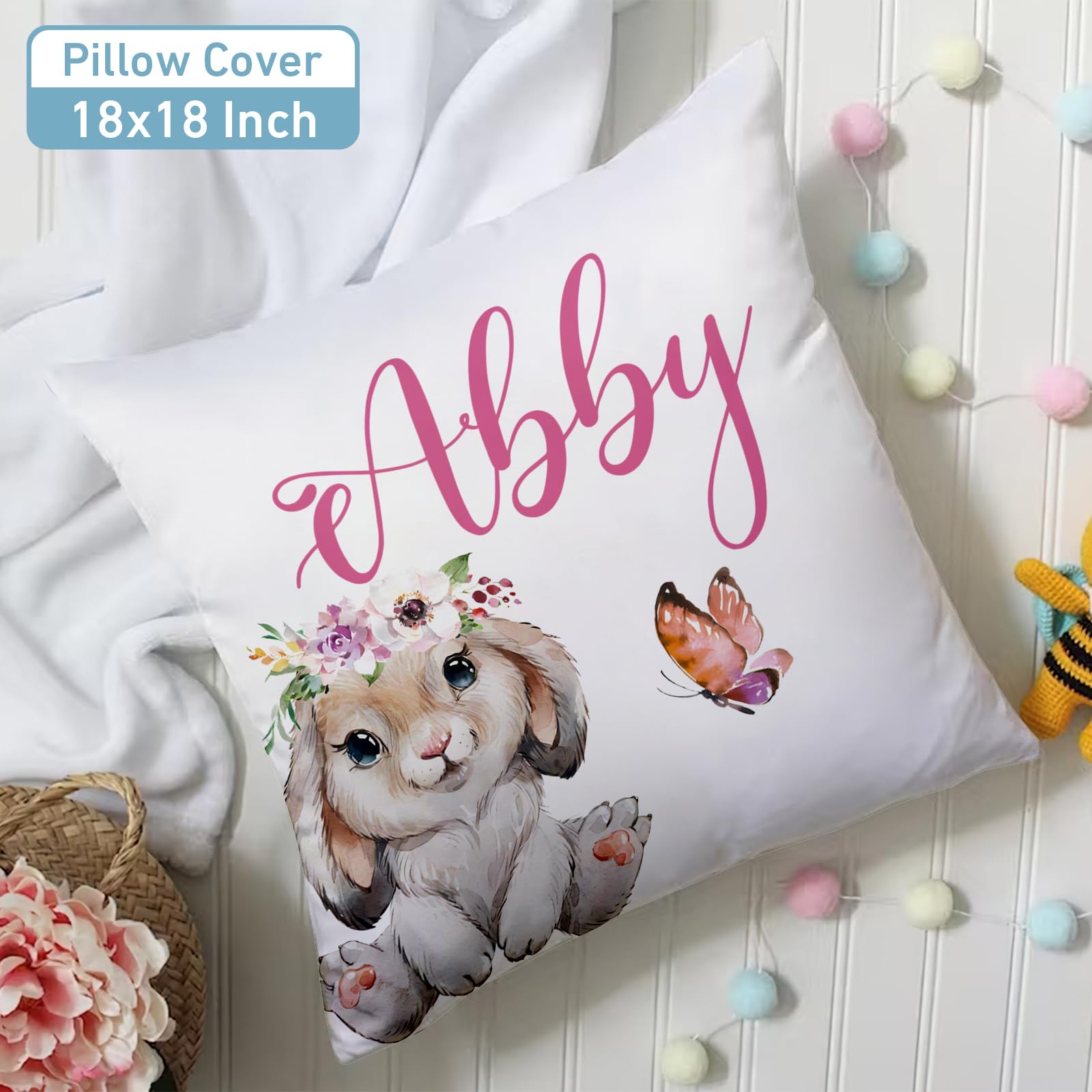 Lanleay Personalized Baby Girl & Boy Crib Bedding Set - 5 Piece White Rabbit Nursery Set with Custom Name, Tummy Time Mat | Soft Infant Bedding for Newborns & Toddlers | Perfect Baby Shower Gift & Nursery Decor