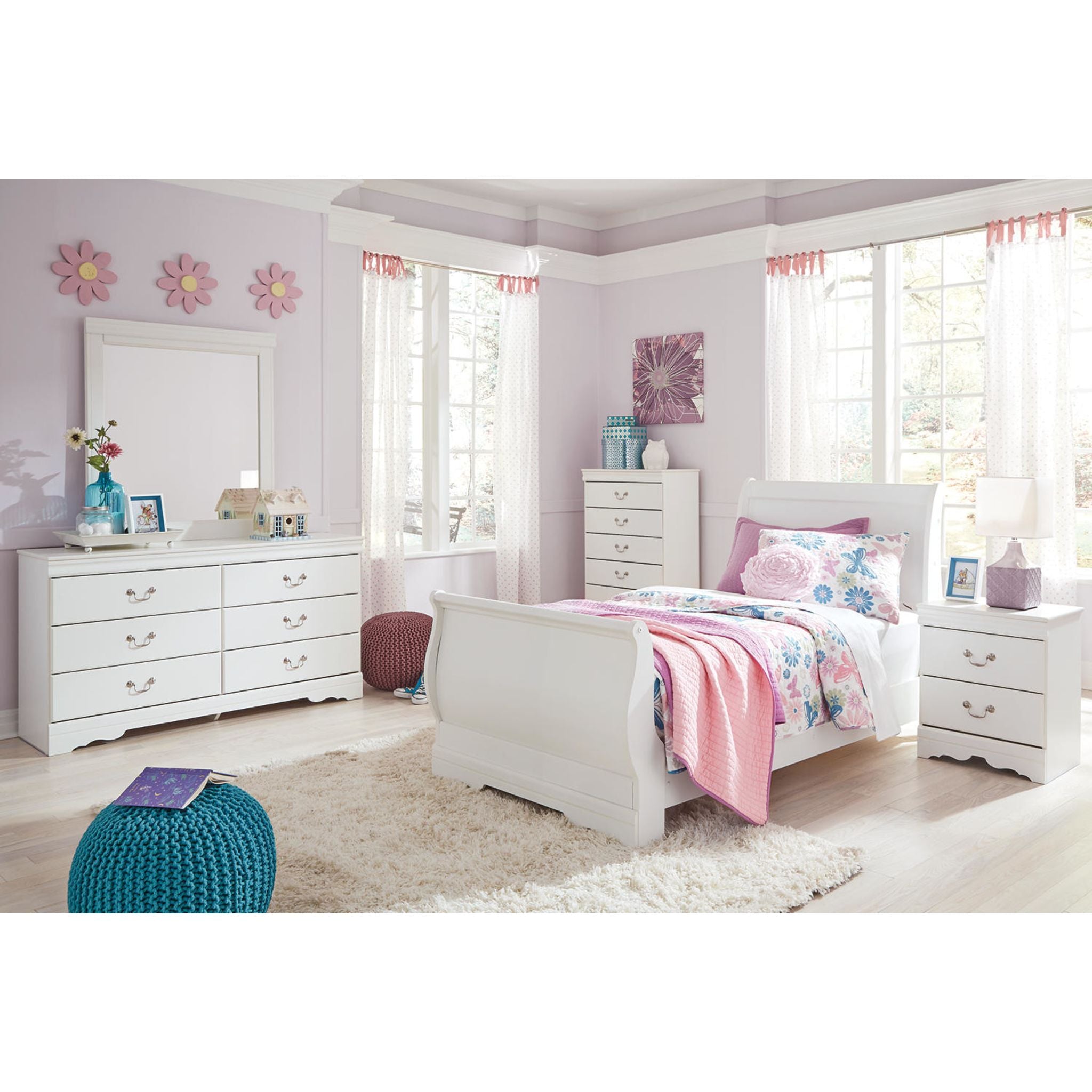 Anarasia 6-Piece Twin Sleigh Bedroom Set in White - Perfect for Kids' Rooms, Guest Bedrooms & Cozy Spaces