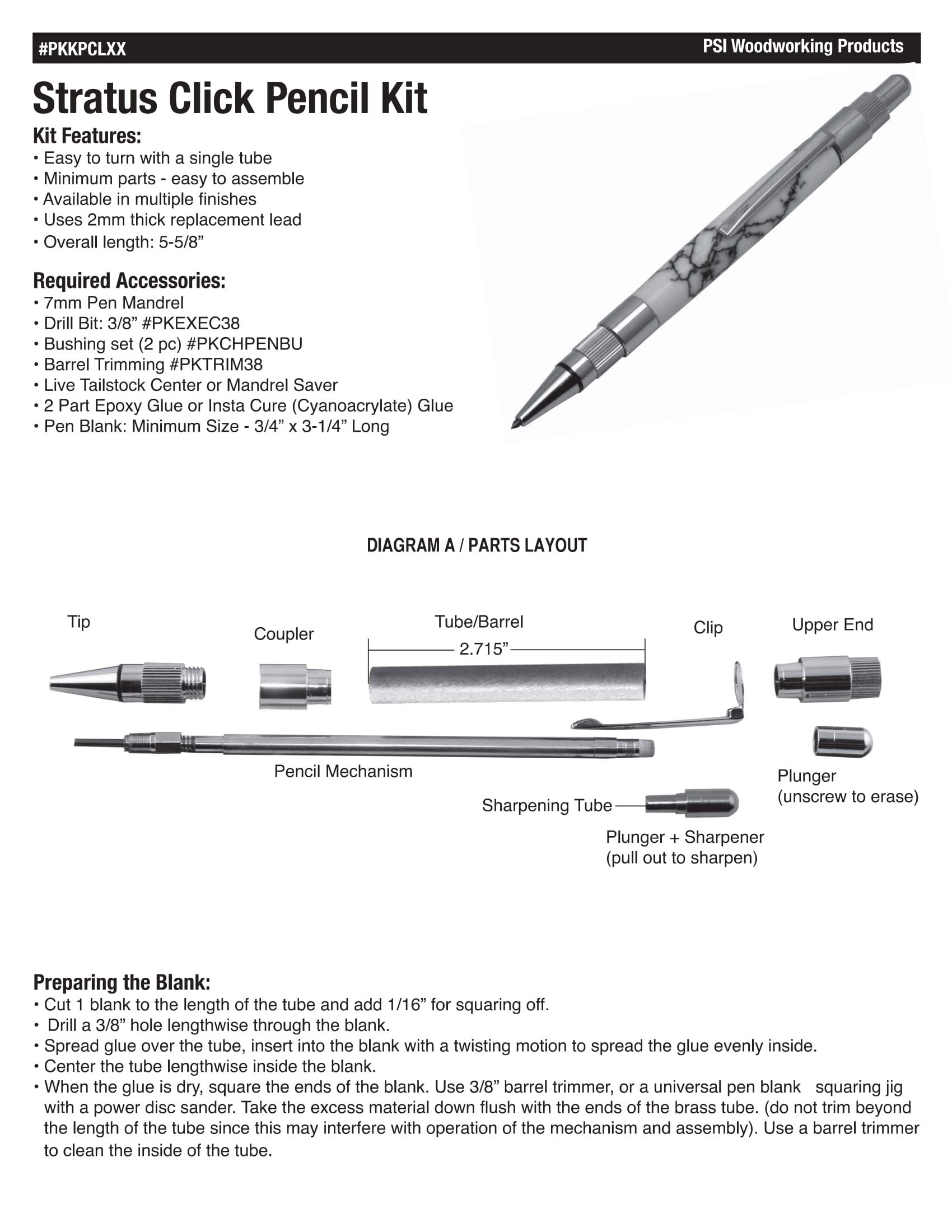 Penn State Industries PKKPCLGM Stratus Click 2mm Pencil Kit - 5 Pack Gun Metal Finish - Premium Woodturning Project Kit for DIY Pen Making, Gifts & Crafting
