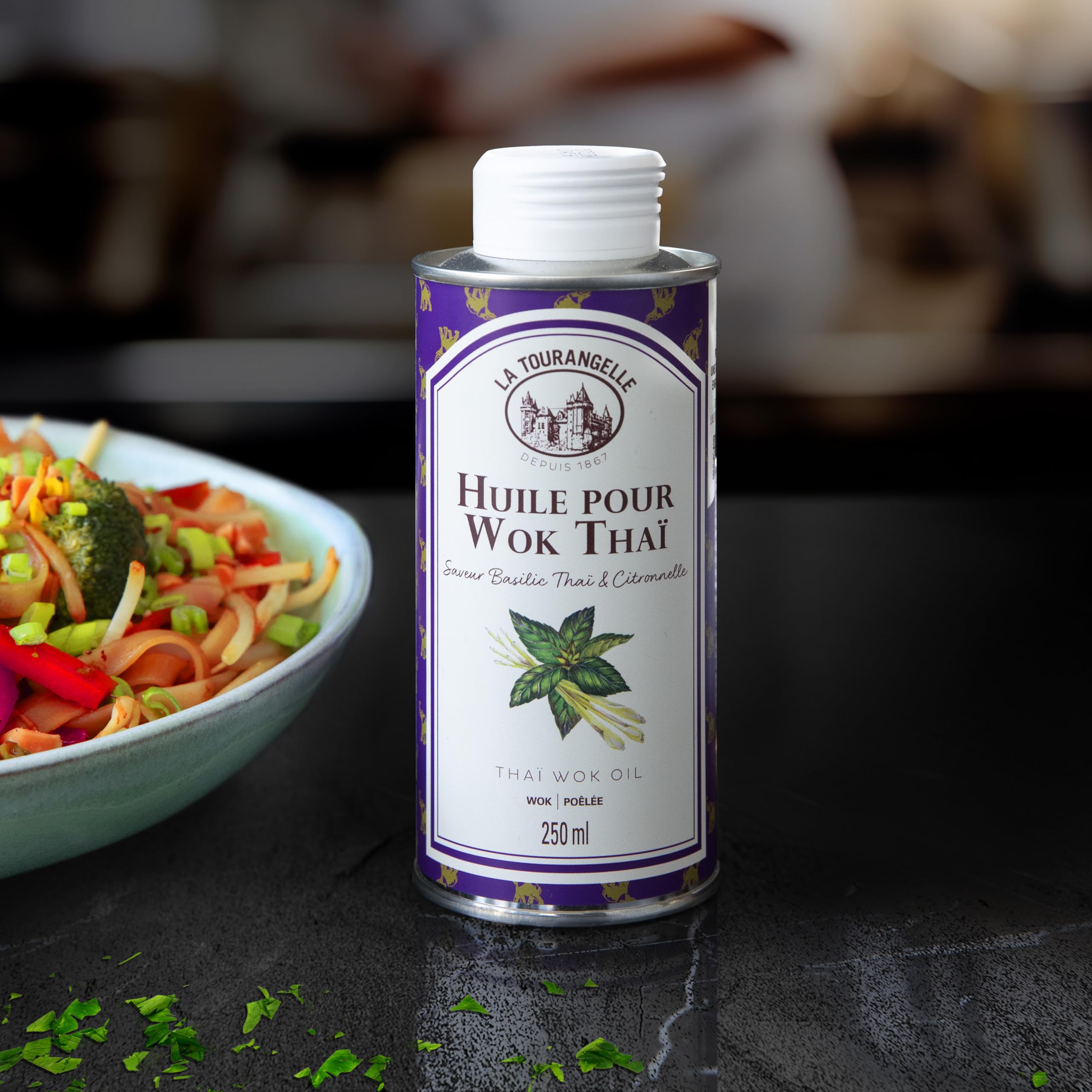 La Tourangelle Thai Wok Oil - Natural Sunflower Oil Infused with Thai Basil & Lemongrass - 250ml - Perfect for Stir-Fries, Asian Cooking & Flavorful Marinades