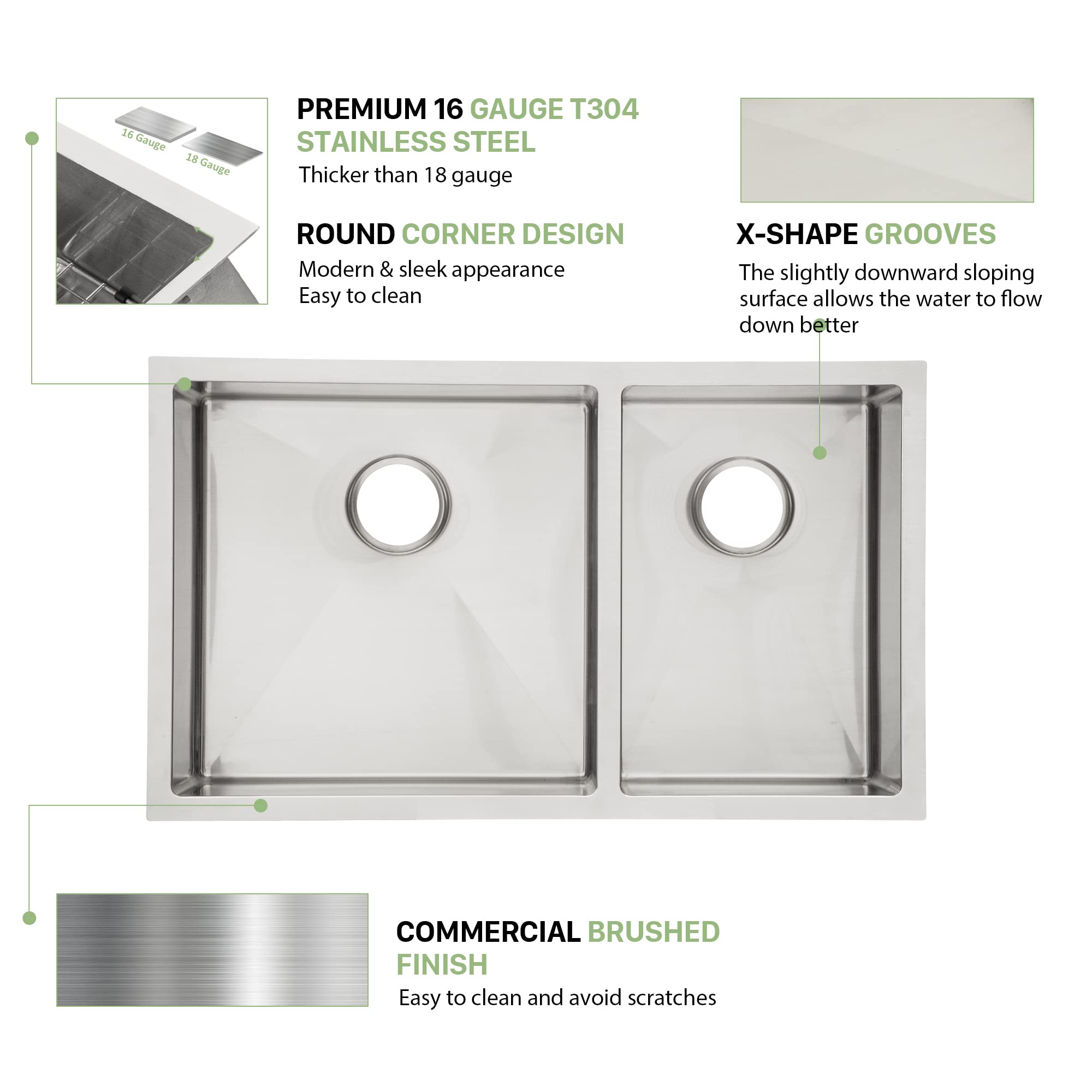 33x19x10 Inch 60/40 Undermount Double Bowl Kitchen Sink - 16 Gauge Stainless Steel for Modern Home Cooking & Cleaning