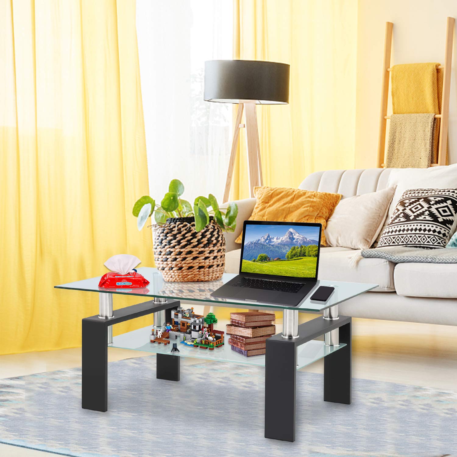 Premium Tempered Glass Coffee Table with Black Metal Legs - Modern Rectangle Center Table for Living Room with Lower Storage Shelf | Stylish & Durable Home Furniture for Small Spaces, Apartments, and Lounge Areas