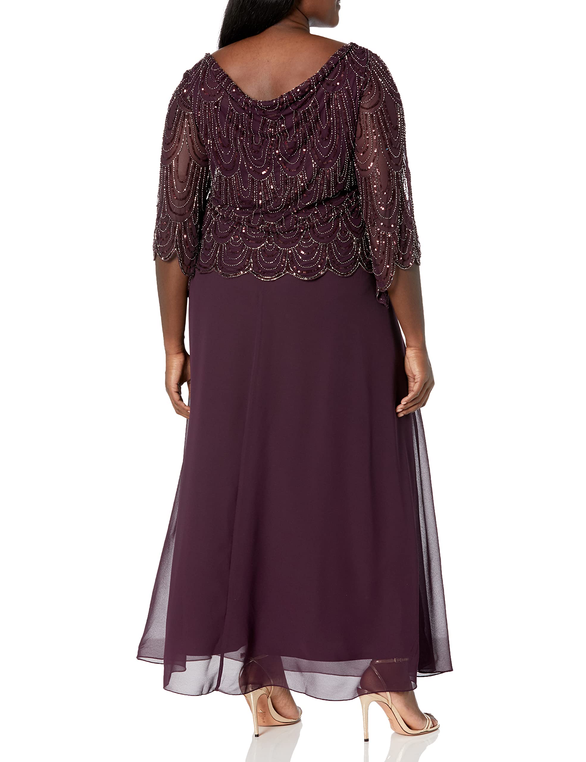 J Kara Women's Plus Size 3/4 Sleeve Scallop Beaded Pop Over Gown - Elegant Evening Dress for Parties, Weddings & Special Occasions