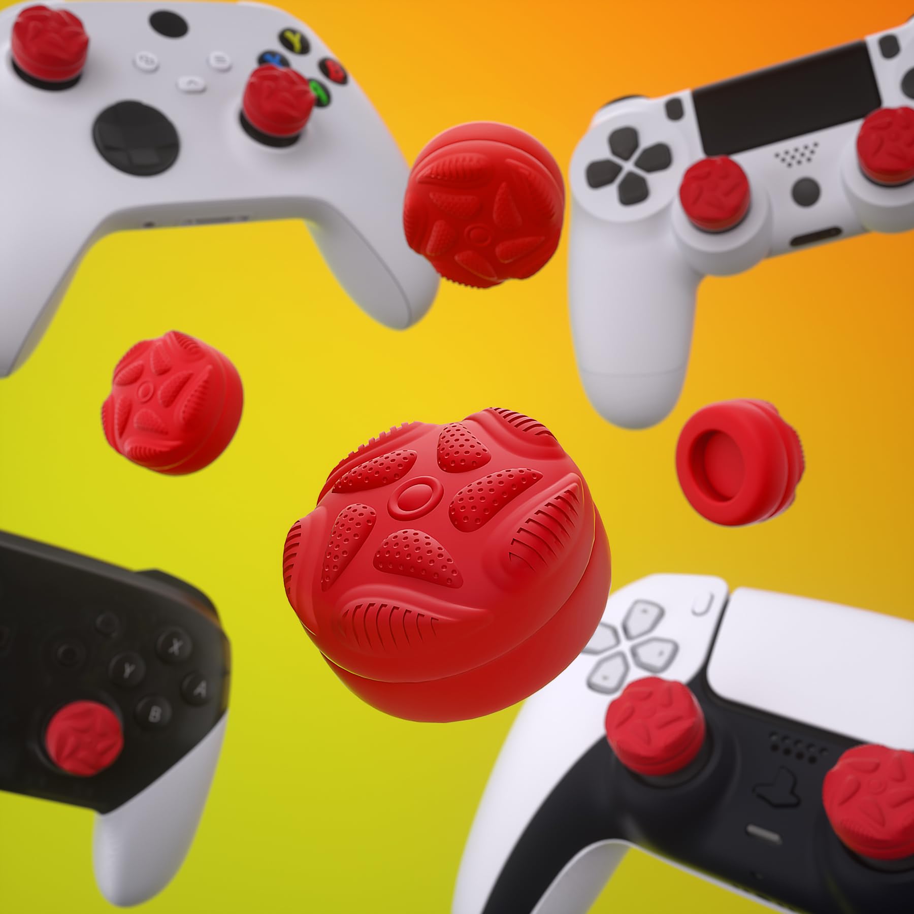 PlayVital Thumbstick Caps for PS5/PS4/Xbox Series X&S/One/Elite Series 2/Switch Pro Controller - Raindrop Texture Design in Passion Red | Enhanced Grip for Gaming | Perfect for FPS, Racing & Action Games