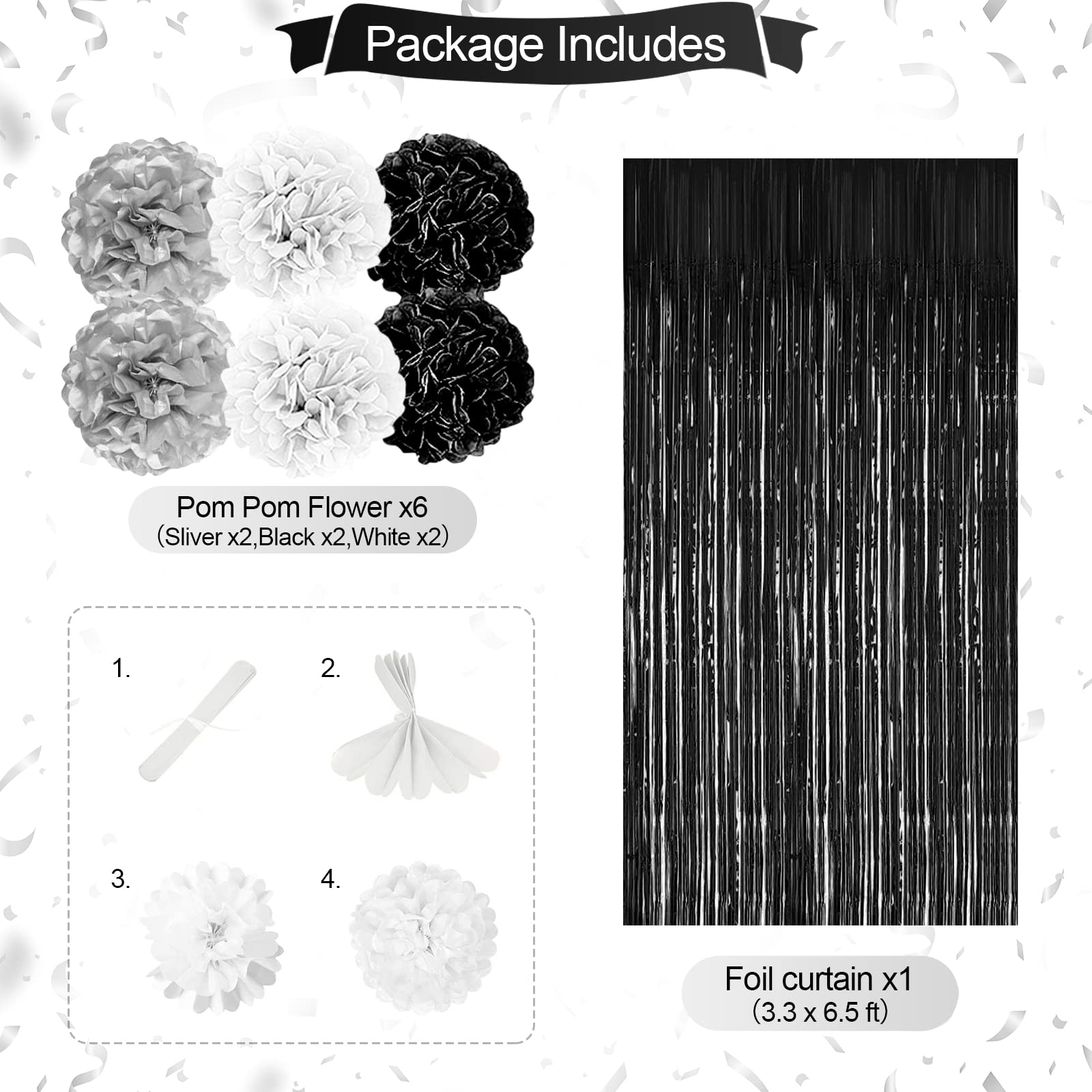 Black and White Birthday Party Decorations Set - Happy Birthday Banner, Fringe Curtains & Pompom Flowers for Men, Women, Boys & Girls | Elegant Black & Silver Theme for Adult Birthdays, Milestone Celebrations & Gender Reveal Parties