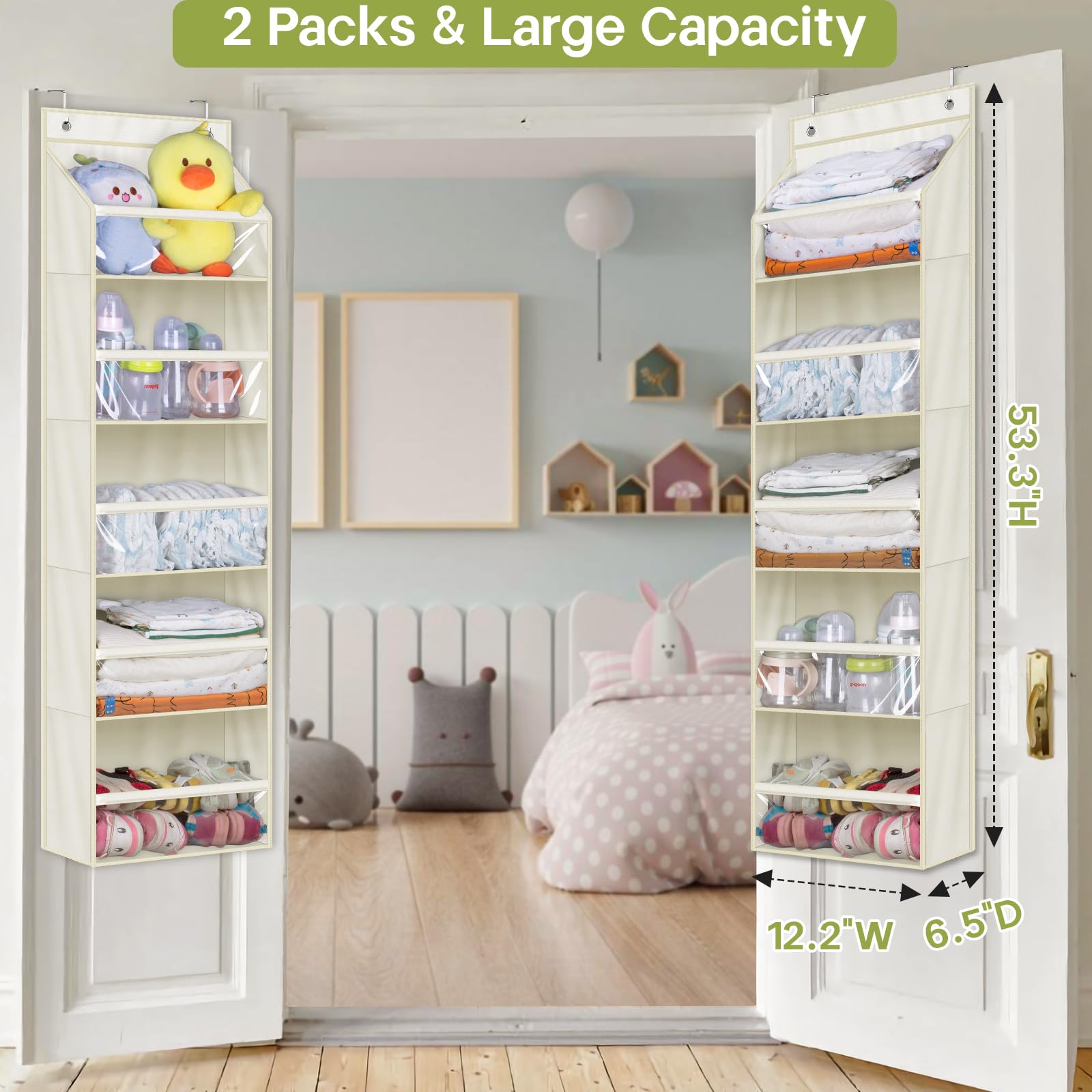 AOODA 2 Pack Over The Door Hanging Organizer with Clear Deep Pockets - Large Capacity Storage for Baby Clothes, Diapers, Toys | Perfect for Nursery, Bathroom, Bedroom & Pantry Organization (Light Beige)