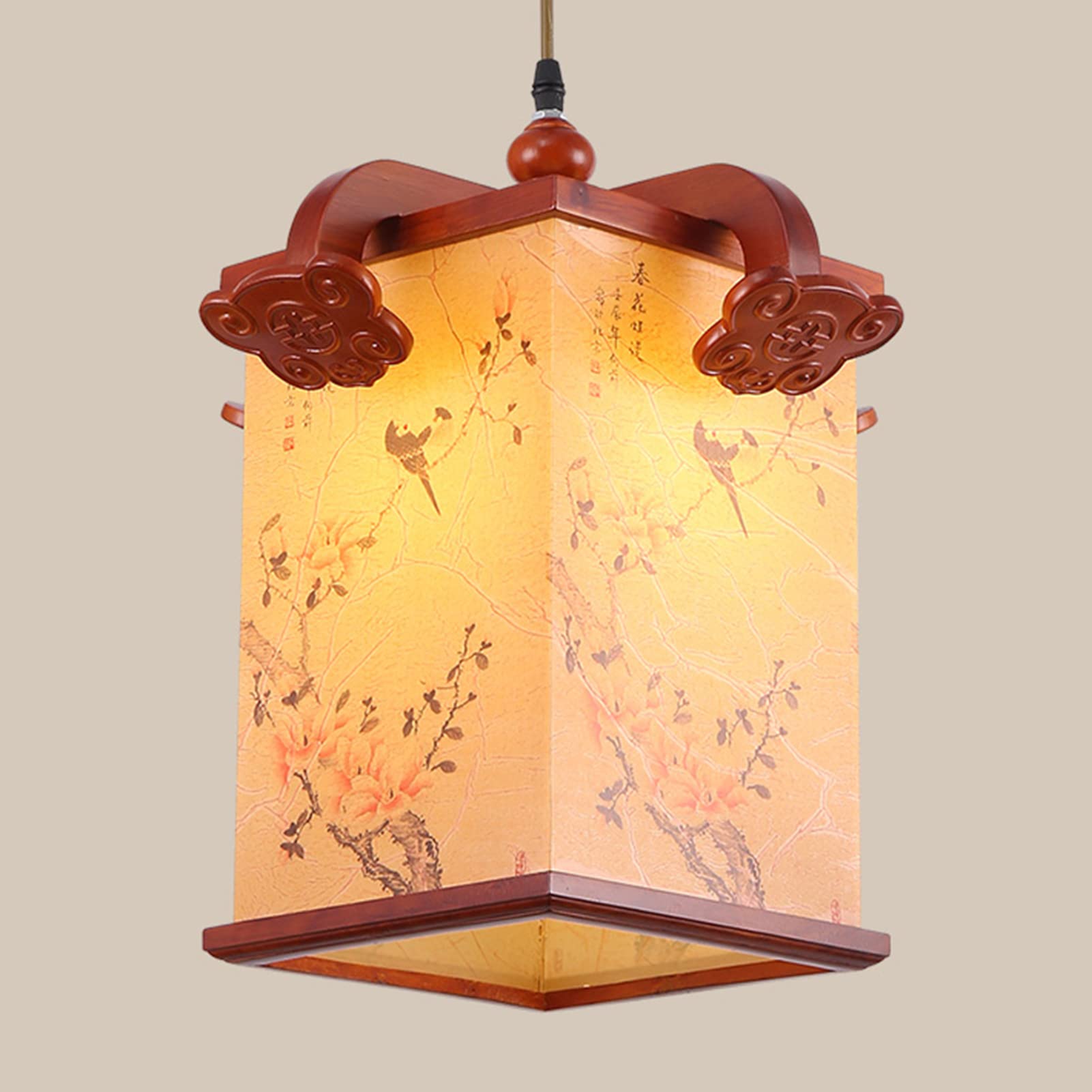Solid Wood Antique Single-Head Ceiling Pendant Light - Chinese Style Imitation Sheepskin Chandelier for Tea House, Restaurant, Bedroom, Aisle & Balcony - Creative Lantern Lighting for Cozy Ambiance & Asian Decor