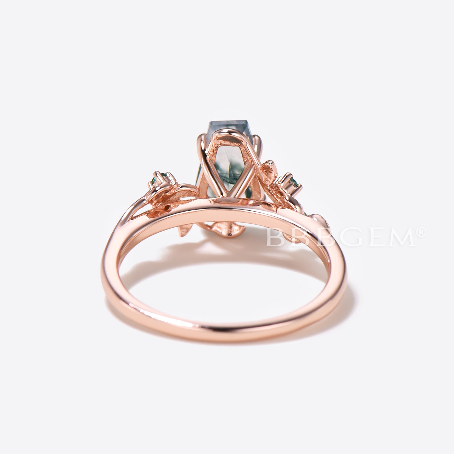 Twig Leaf Coffin Cut Moss Agate Engagement Ring - Nature Inspired Branch Wedding Band for Women, Perfect for Outdoor & Boho Chic Weddings