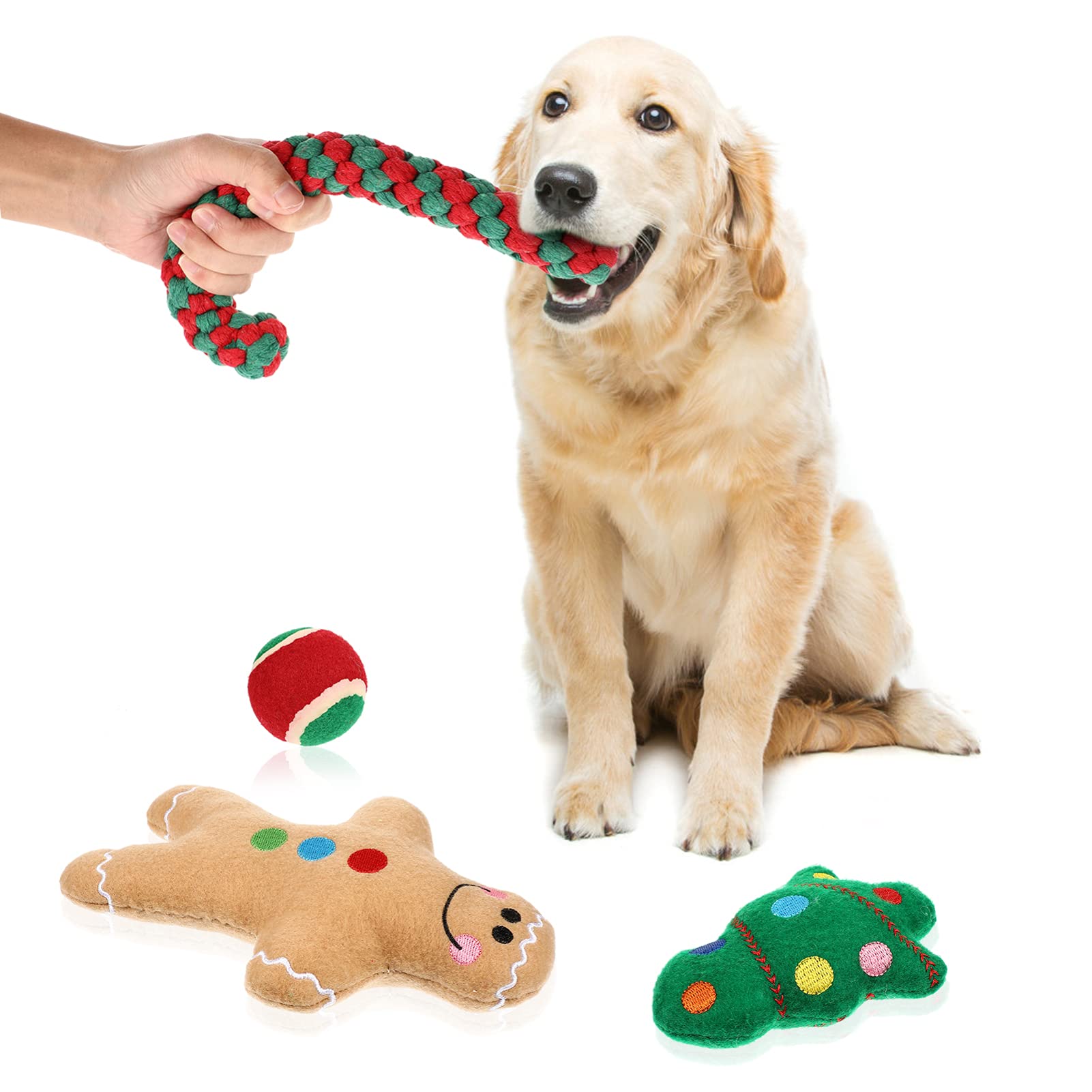 POPETPOP Christmas Dog Toys - Plush Squeaky Chew Toys for Puppies (Gingerbread Man & Tree Shapes) - Fun Holiday Pet Gifts for Playtime & Training
