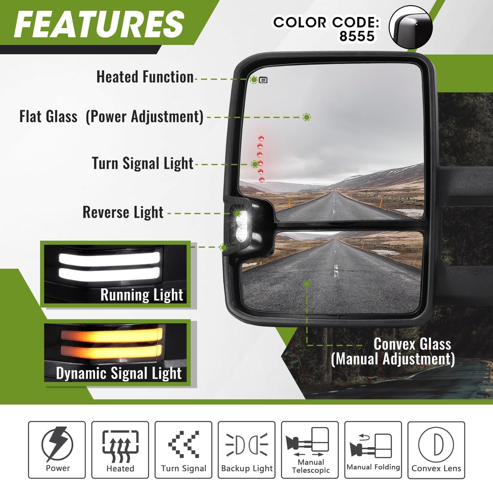 2007-2013 Chevy Silverado Avalanche Suburban Tahoe/GMC Sierra Yukon Power Heated Switchback Towing Mirrors with Dynamic Signal & Running Lights - Black Pair Set - Perfect for Towing, Off-Roading & Night Driving