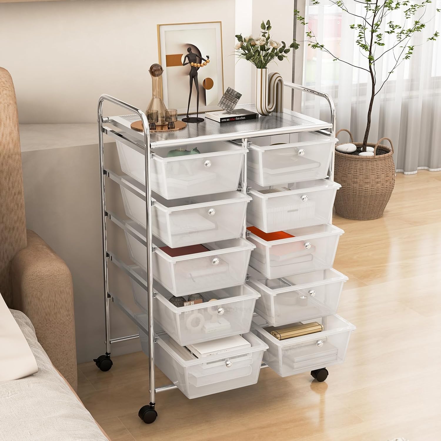 LDAILY 10-Drawer Rolling Storage Cart Organizer with Wheels | Metal Frame & Large Capacity | Mobile Utility Cart for Living Room, Classroom, Office Organization | Perfect for Craft Supplies, School Materials & Office Essentials (Clear)
