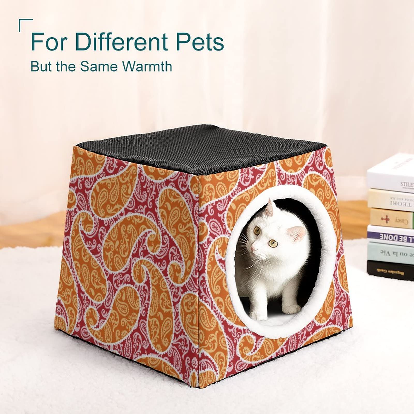 Printed Cat Cube Kitty House - Indoor Cat Bed & Small Dog Shelter - Warm & Cozy Pet Sofa with Red Yellow Paisley Design - Perfect for Napping, Playtime & Cozy Pet Spaces