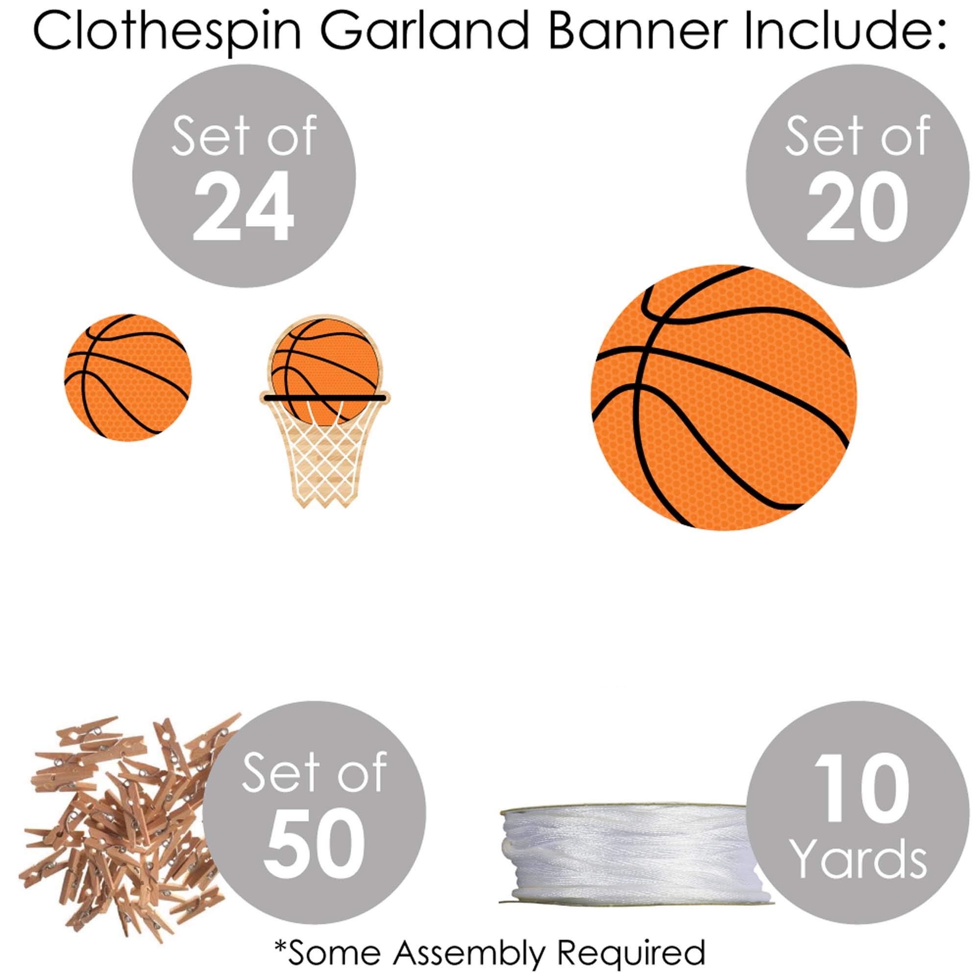 Big Dot of Happiness Nothin' but Net Basketball Garland - 44-Piece DIY Clothespin Banner for Baby Showers & Birthday Party Decorations - Perfect for Sports-Themed Events and Nursery Wall Decor
