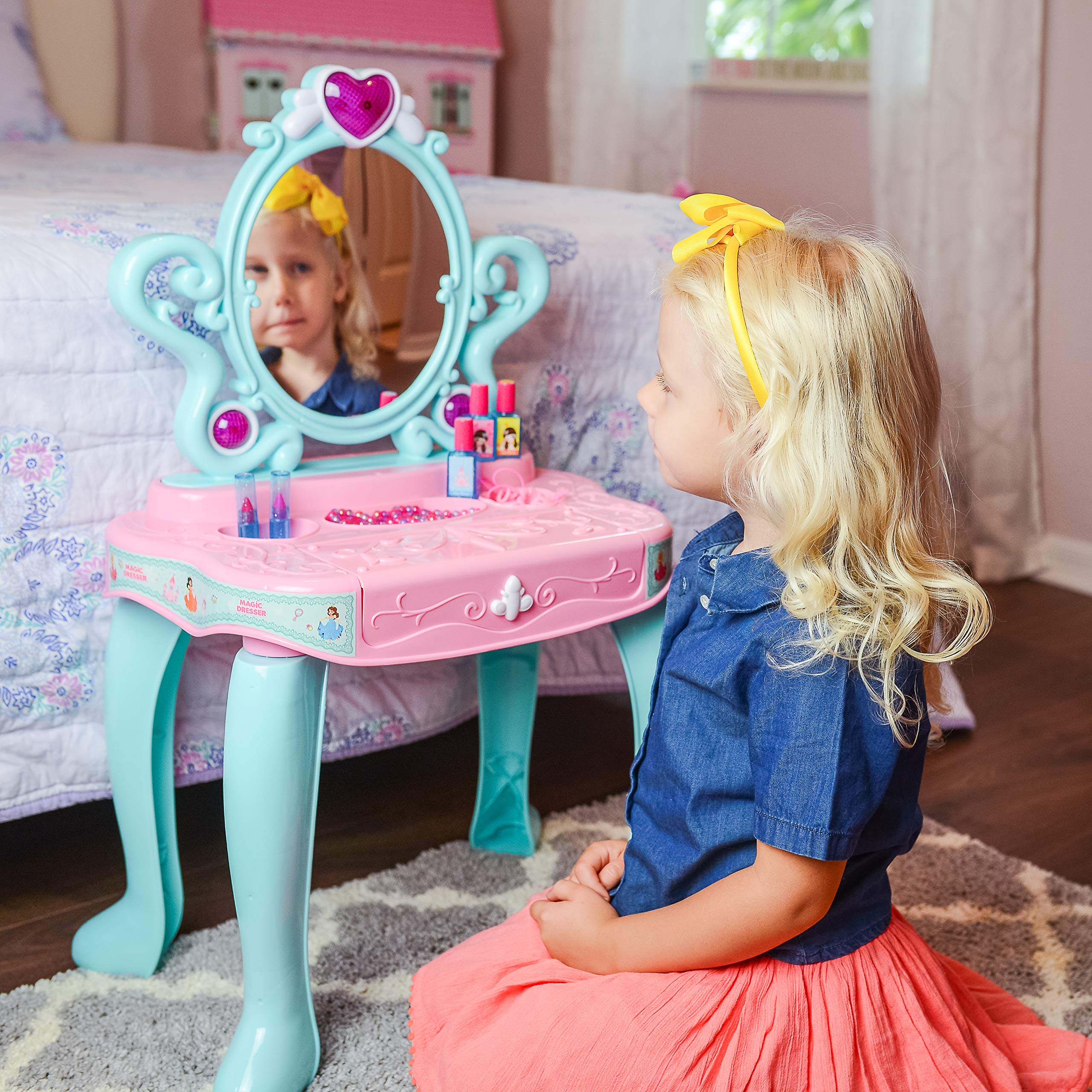 Girls Makeup Vanity Set with Mirror & Piano - Toddler Beauty Playset for Pretend Play
