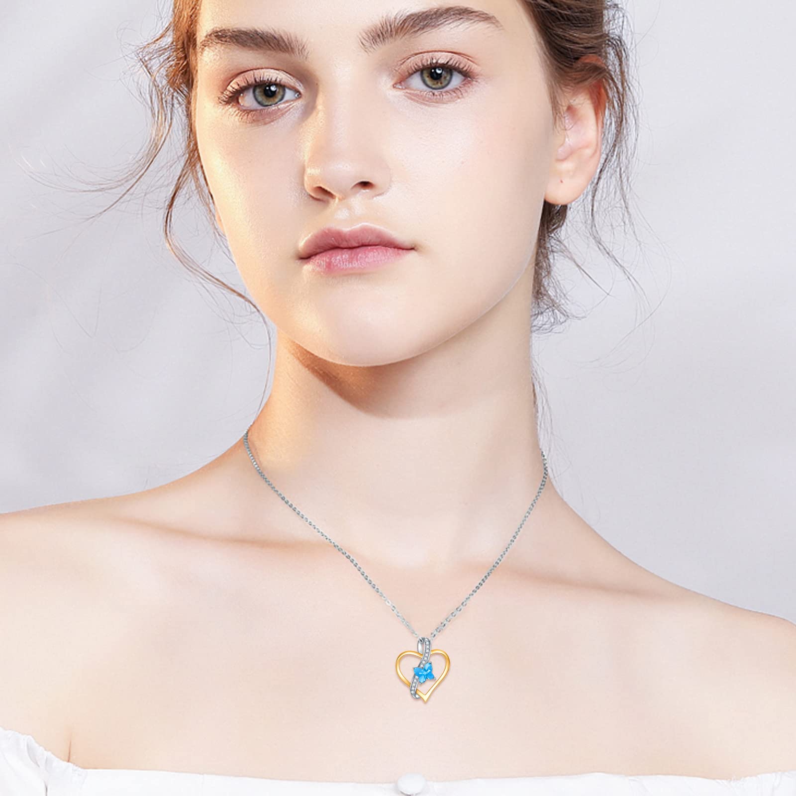 14K Yellow & White Gold Heart Necklace with Blue Butterfly & Cubic Zirconia - Elegant Women's Jewelry for Mother's Day, Anniversary, Birthday Gifts - Perfect for Wife, Grandma - 16''-18'' Adjustable Chain - Ideal for Weddings, Date Nights & Special Occasions