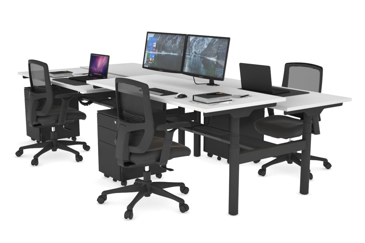 Flexi Premium Height Adjustable 4-Person H Bench Workstation - Black Frame [1600L x 700W] - Ideal for Office, Coworking Space & Home Office Setup