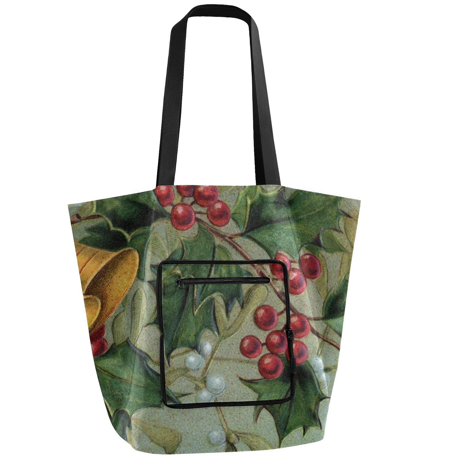 Christmas Golden Bells Holly Foldable Reusable Tote Bag - Heavy Duty Grocery Shopping Bag for School, Work, Gym, Travel & Sports | Perfect for Holiday Shopping, Groceries & Everyday Use