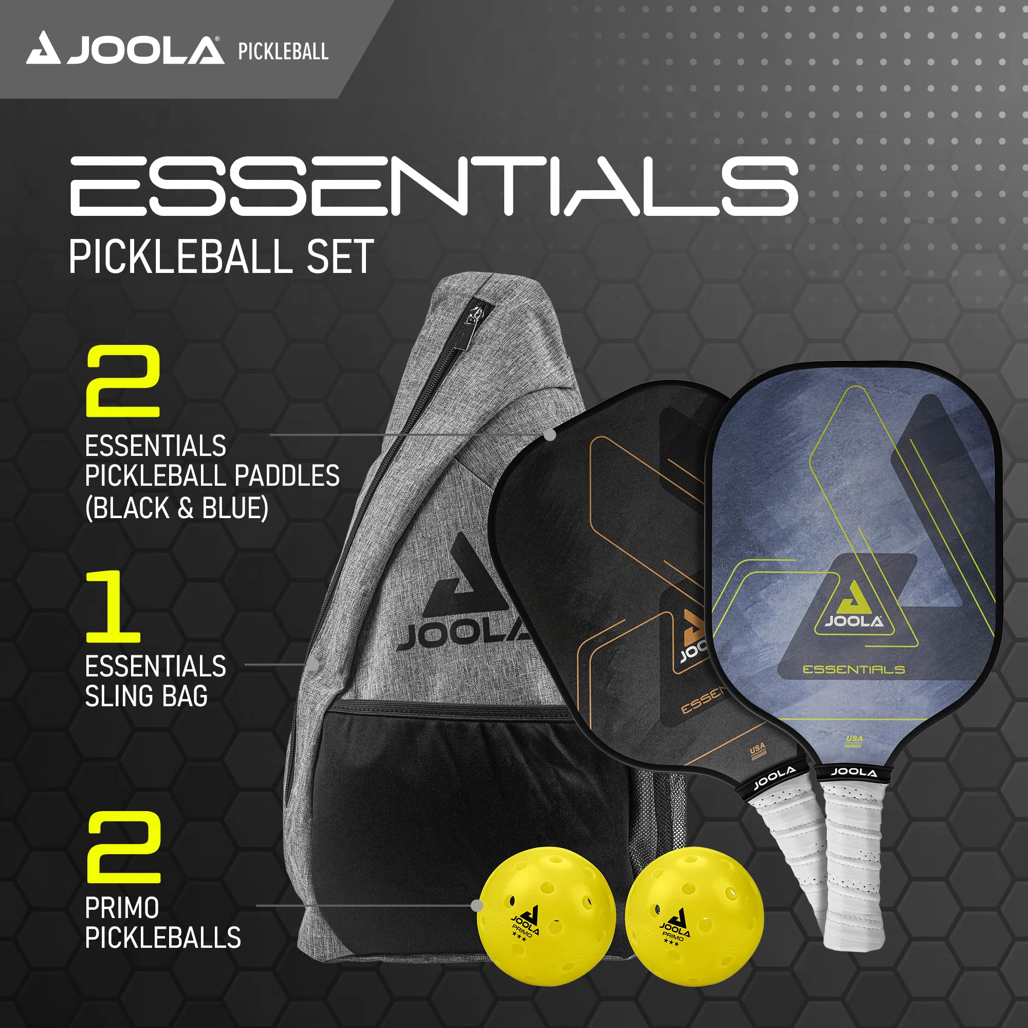 JOOLA Pickleball Paddles & Sets - USAPA Approved Carbon Fiber/Fiberglass Paddles with Enhanced Spin & Control (Agassi Shape or Essentials) - Includes Balls & Carry Bag - Perfect for Tournaments, Recreational Play & Outdoor Sports