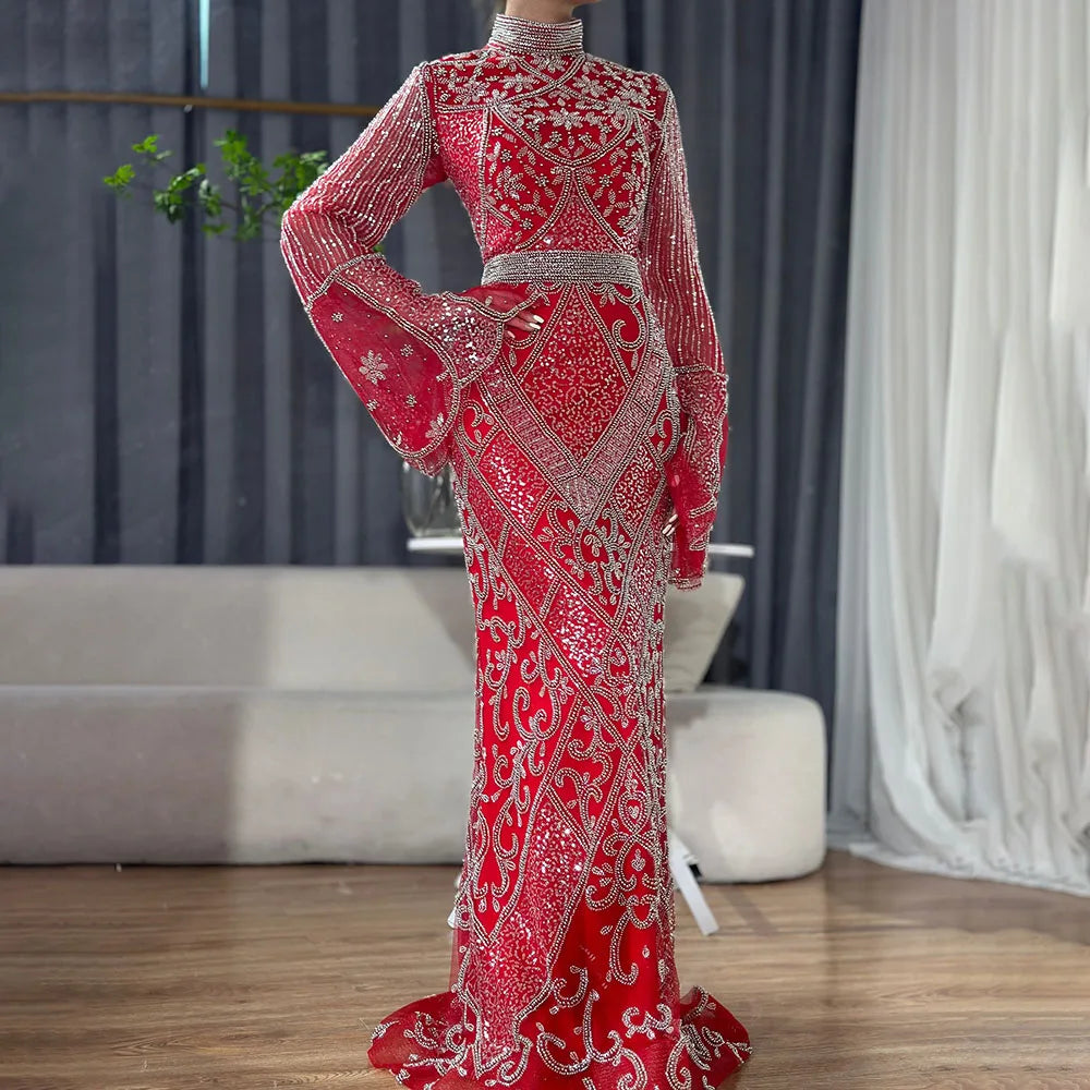 Luxury Dubai Muslim Red Mermaid Black Evening Dress with Cape Sleeves and Beaded Details for Formal Occasions - LA72316C | Elegant Islamic Abaya for Weddings, Galas & Special Events