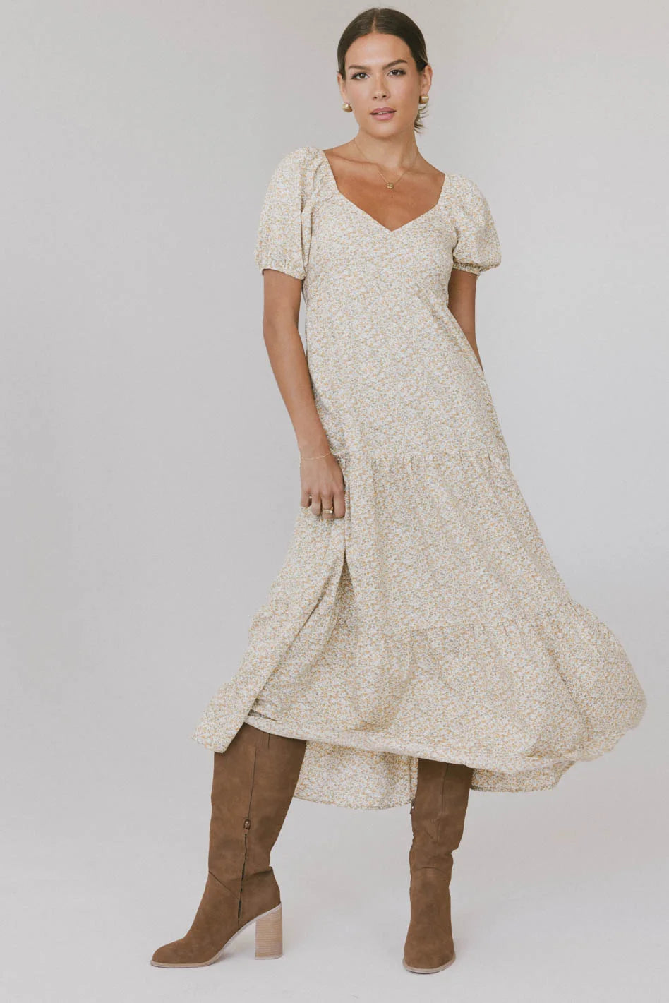 Amelia Ditsy Floral Summer Dress in Yellow - Women's Casual Flowy Midi Dress with Short Sleeves | Perfect for Beach Vacations, Garden Parties & Date Nights