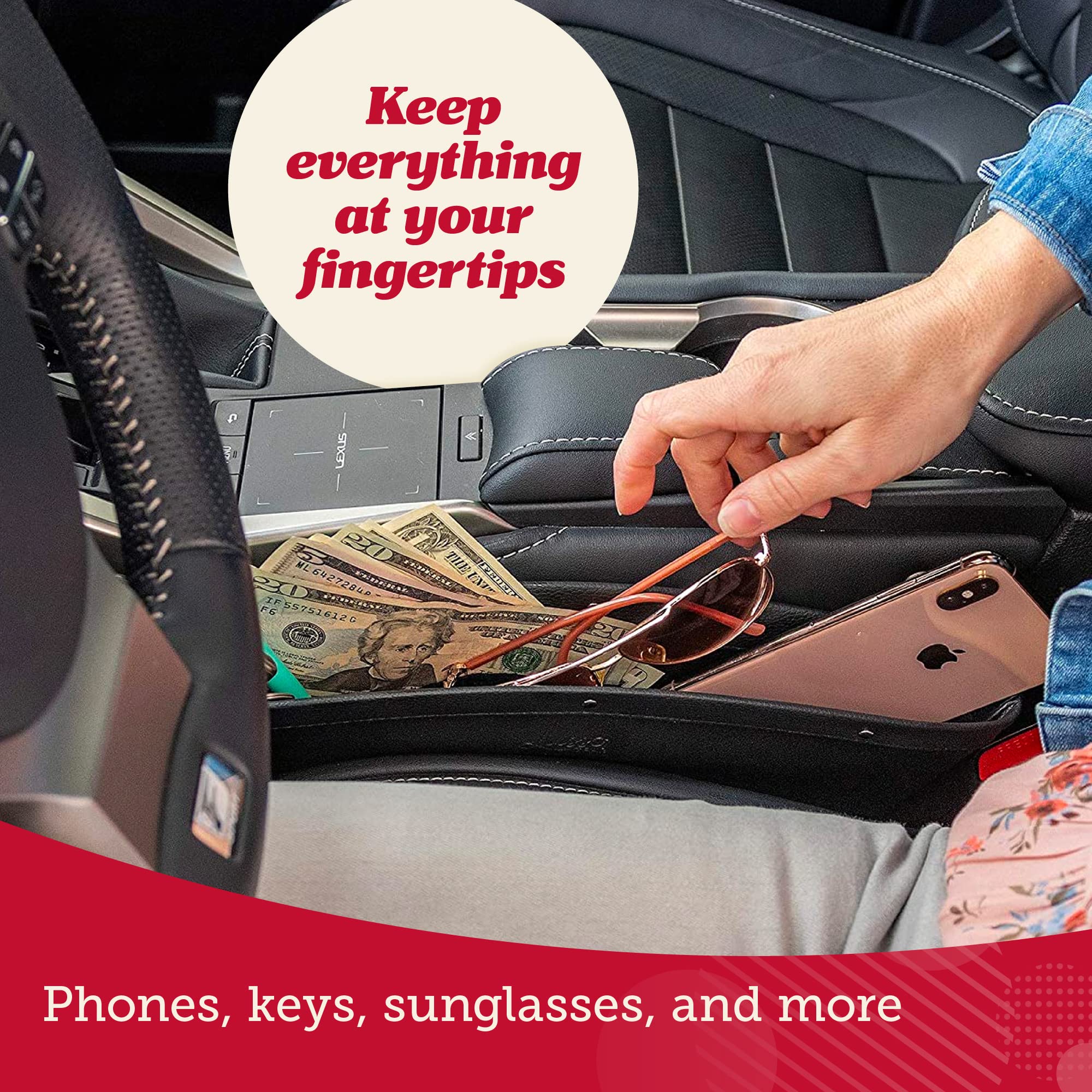 Lusso Gear Car Seat Gap Filler & Organizer (2 Pack) – Universal Fit for Most Vehicles, Premium Vegan Leather – Holds Phone, Keys, Wallet & Sunglasses – Car Accessories for Organization – Perfect for Road Trips, Commuting & Family Travel