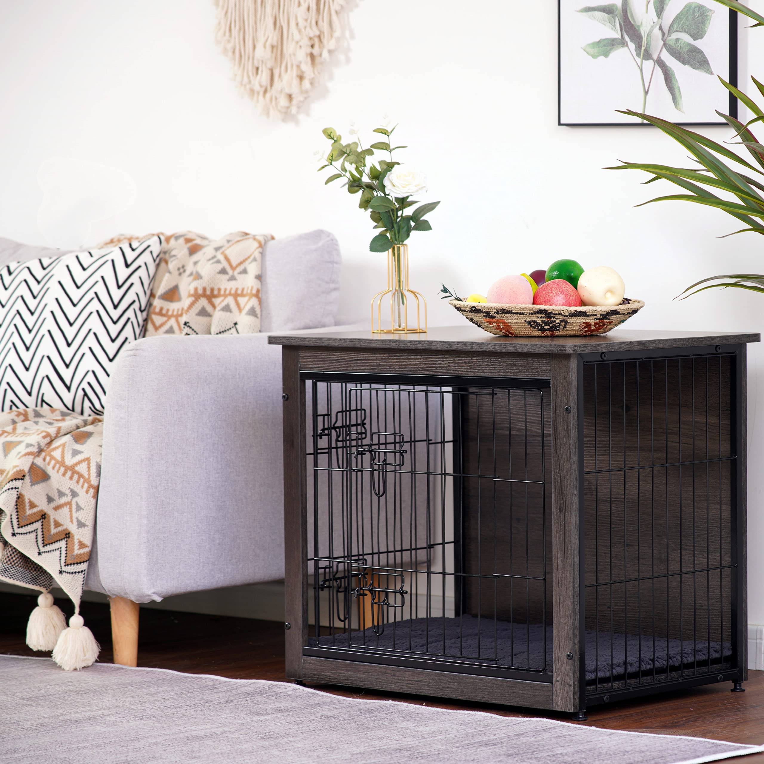 DWANTON Wooden Dog Crate Furniture with Removable Cushion - Indoor Pet Kennel Table with Double Doors - Small/Medium/Large/XL Size (27.2