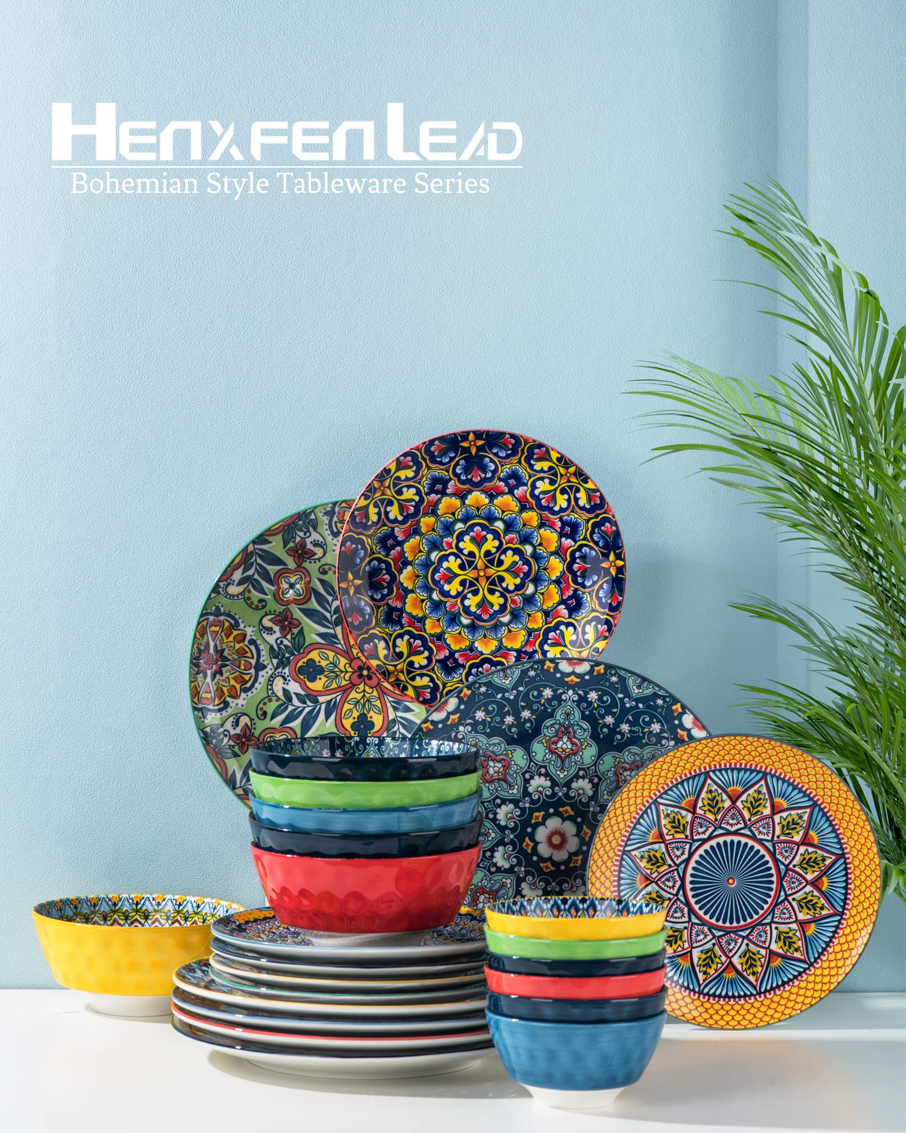 HENXFEN LEAD 10.5 Inch Porcelain Dinner Plates Set of 6 - Microwave & Oven Safe Colorful Serving Dishes for Pasta, Salad, Dessert | Bohemian Style Kitchen & Restaurant Dishware | Perfect for Daily Meals, Parties, and Fine Dining