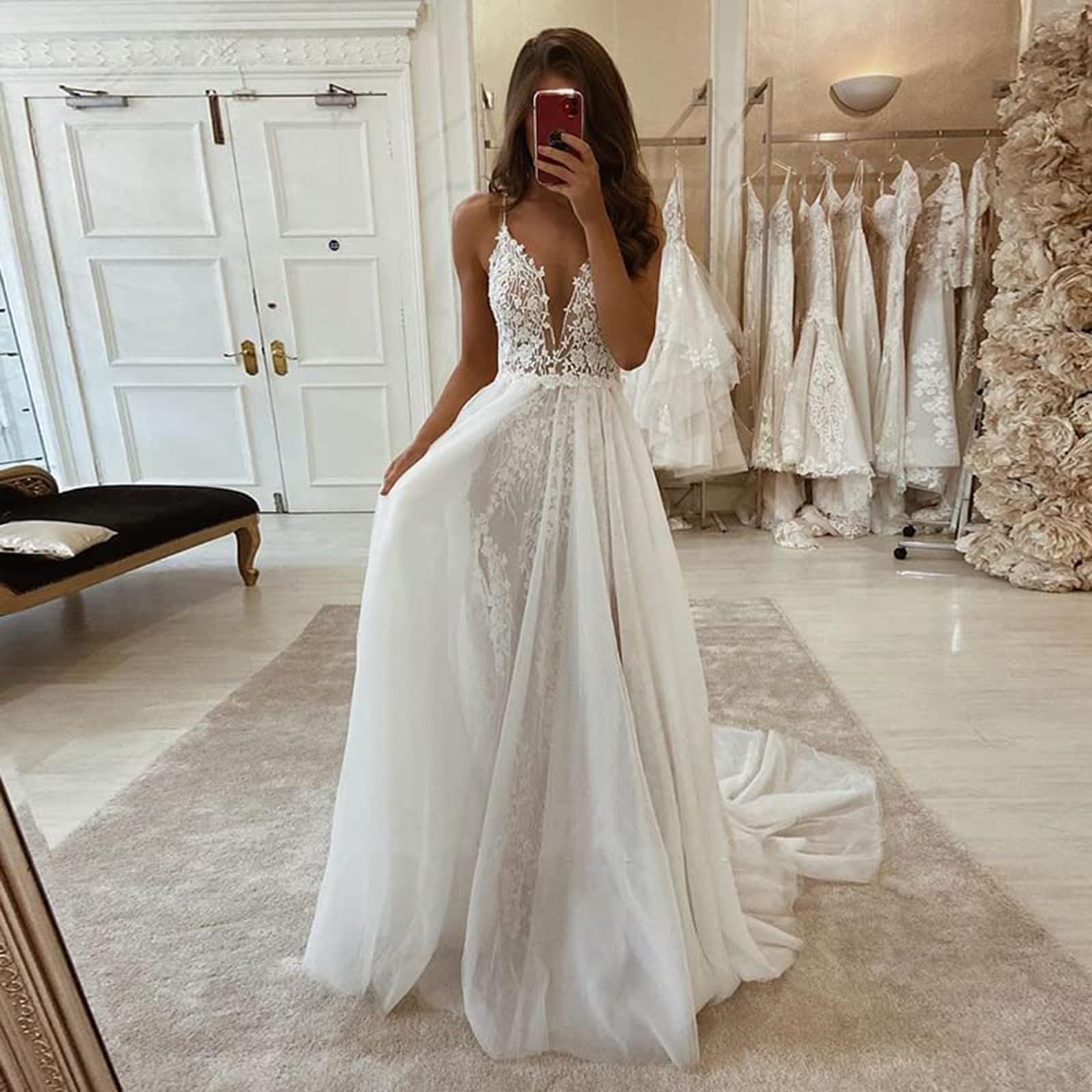 POMUYOO 2024 Women's Beach Wedding Dress - Elegant Lace Appliques Bridal Gown Style H | Perfect for Destination Weddings, Beach Elopements & Summer Bridal Events