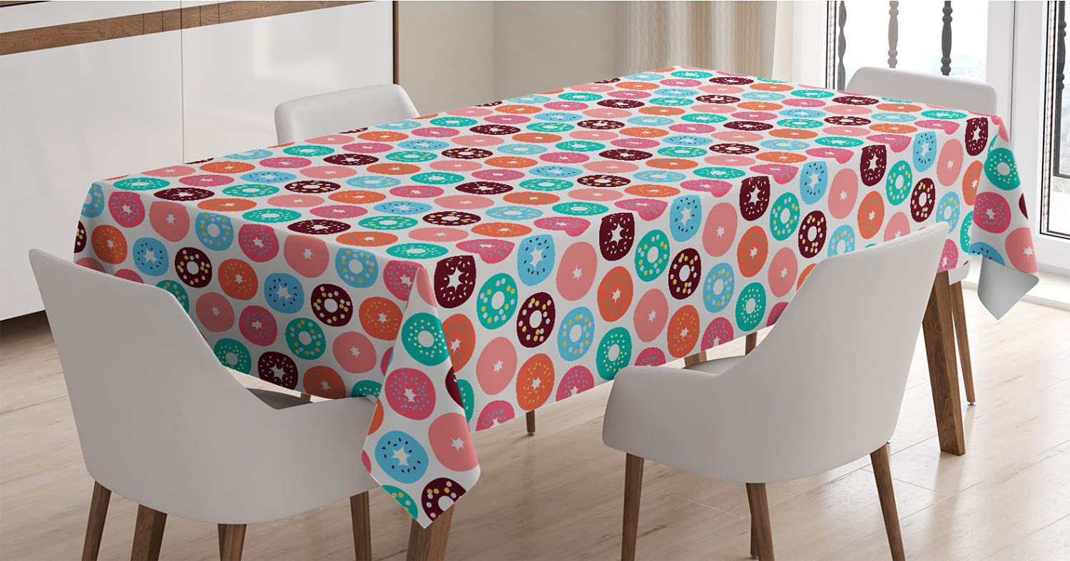 Ambesonne Donut Tablecloth - Colorful Doughnuts & Macarons Print, 60
