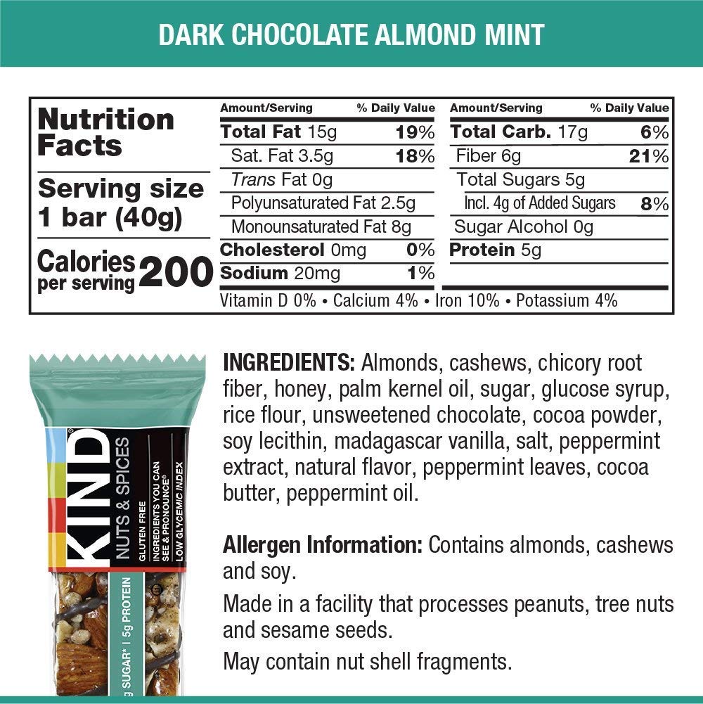 KIND Bars Dark Chocolate Mint - Gluten Free, Low Sugar Snack Bars, 1.4oz (12 Count) - Healthy On-The-Go Breakfast & Post-Workout Energy Boost