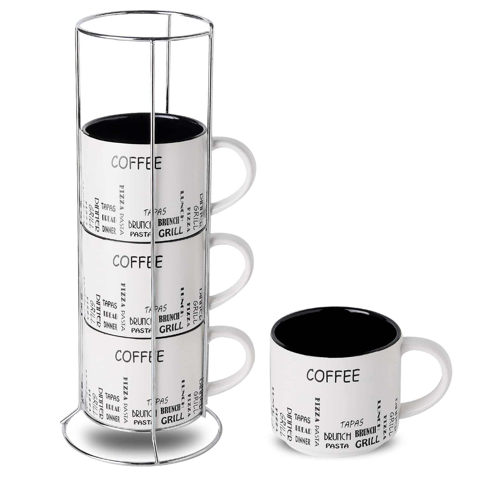 Hasense 15oz Stackable Porcelain Coffee Mugs Set of 4 with Metal Stand - Large White Coffee Cups for Cappuccino, Tea, Milk & Cocoa - Perfect for Home, Office & Restaurant Use